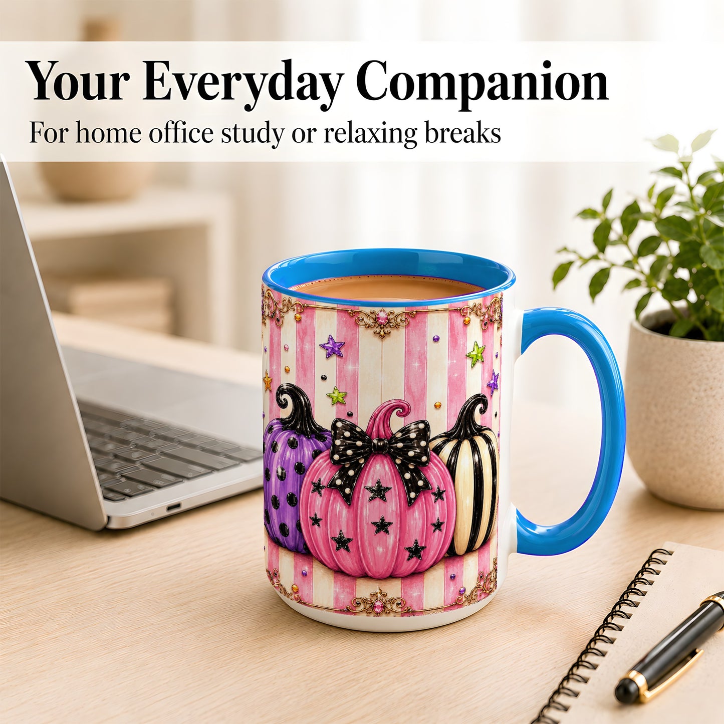 #pl[15oz|Blue] Pink Pumpkin Coffee Mug, Halloween Pumpkin Mug, Ceramic Cup