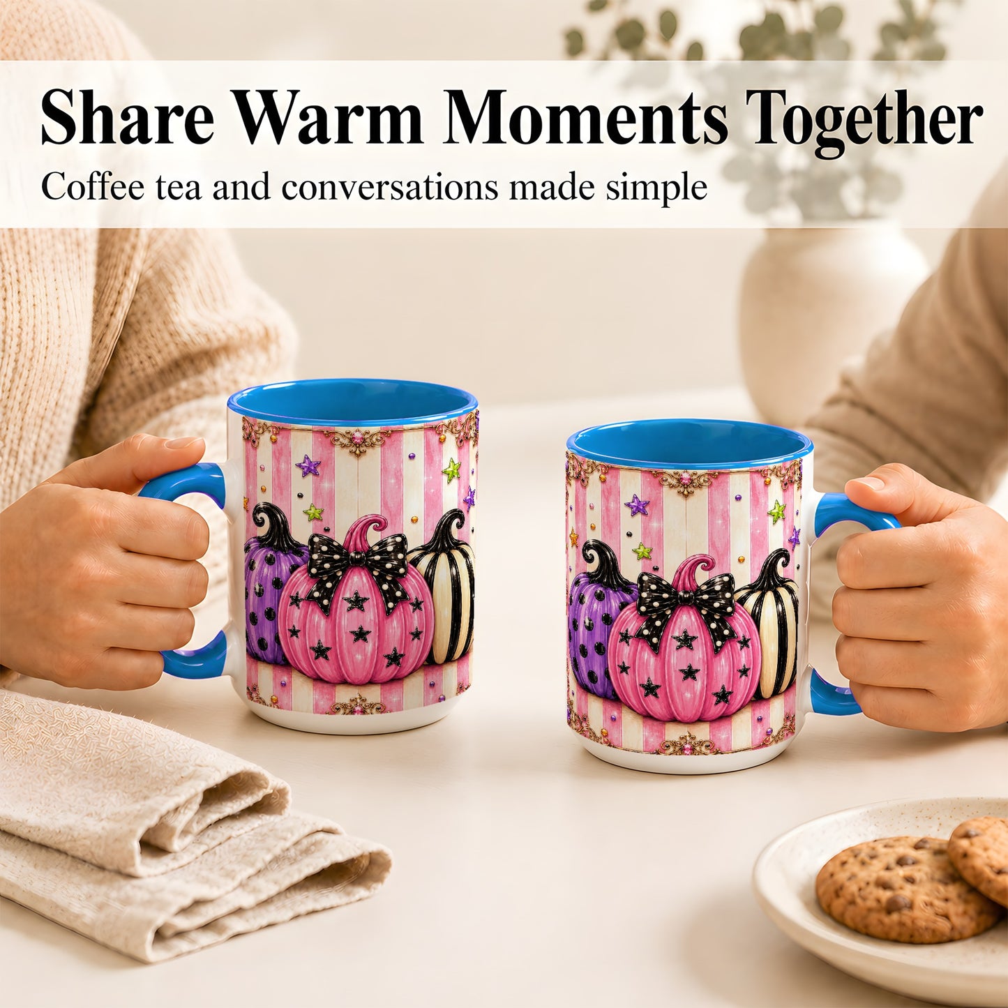 #pl[15oz|Blue] Pink Pumpkin Coffee Mug, Halloween Pumpkin Mug, Ceramic Cup