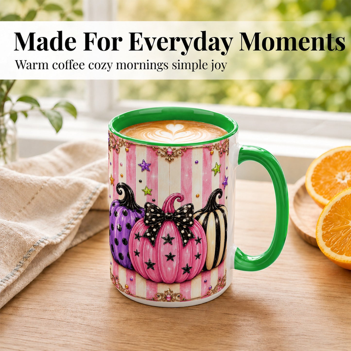 #pl[15oz|Green] Pink Pumpkin Coffee Mug, Halloween Pumpkin Mug, Ceramic Cup