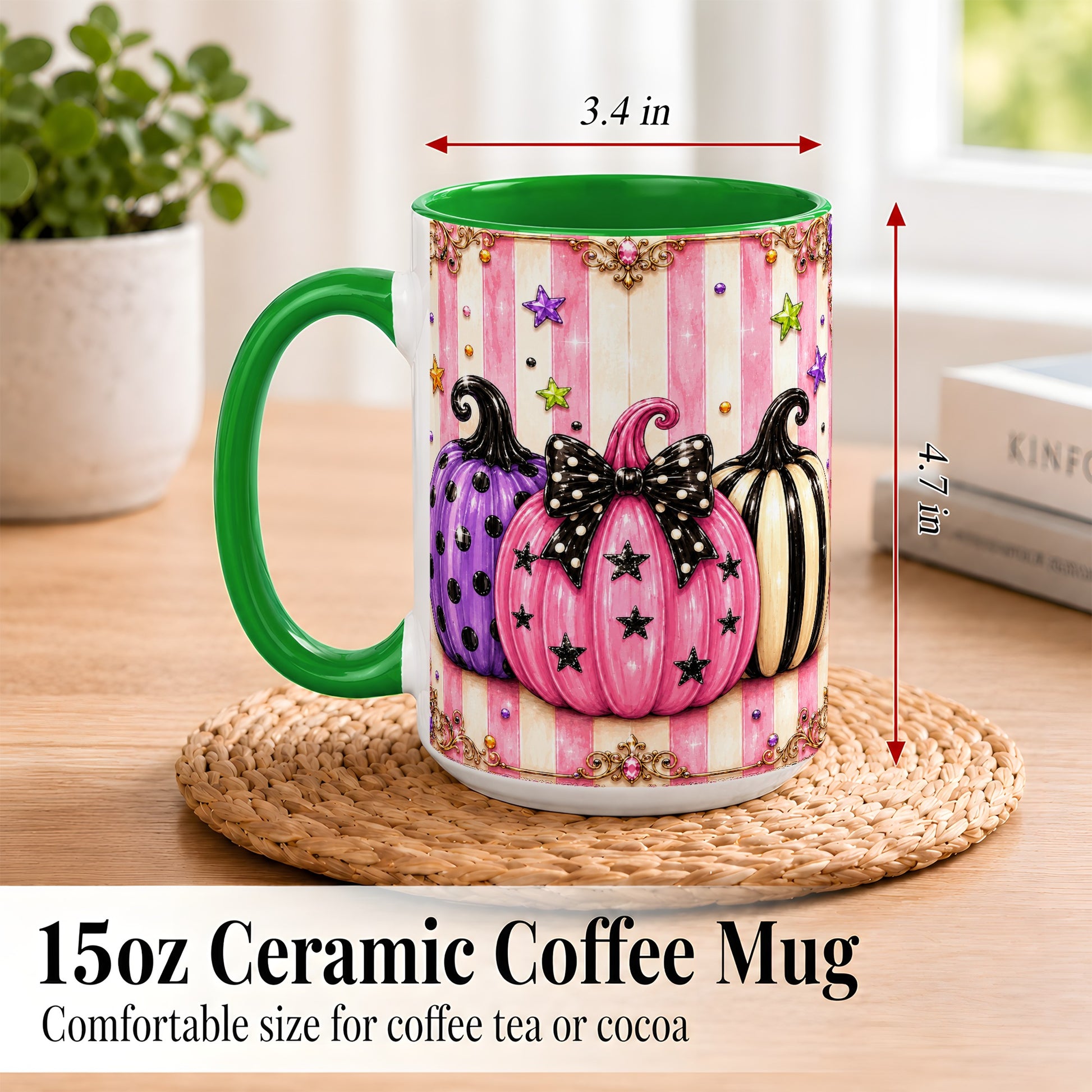 #pl[15oz|Green] Pink Pumpkin Coffee Mug, Halloween Pumpkin Mug, Ceramic Cup
