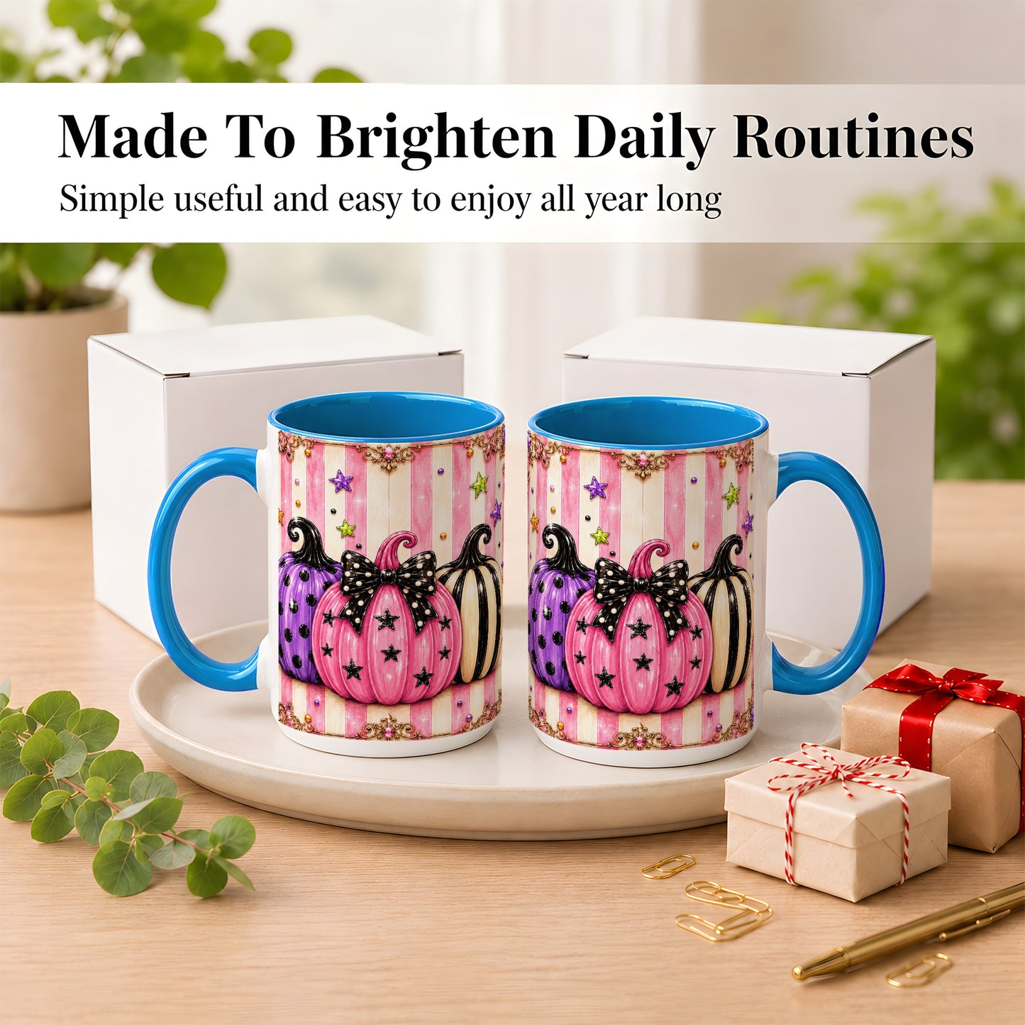 #pl[15oz|Blue] Pink Pumpkin Coffee Mug, Halloween Pumpkin Mug, Ceramic Cup