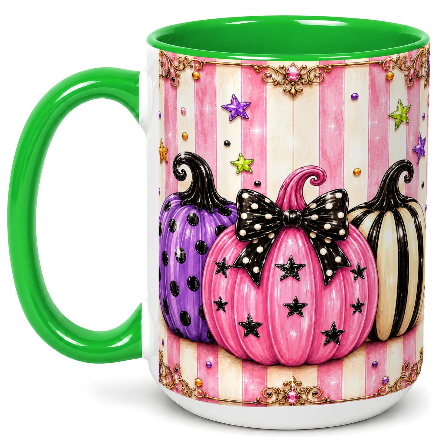 #pl[15oz|Green] Pink Pumpkin Coffee Mug, Halloween Pumpkin Mug, Ceramic Cup