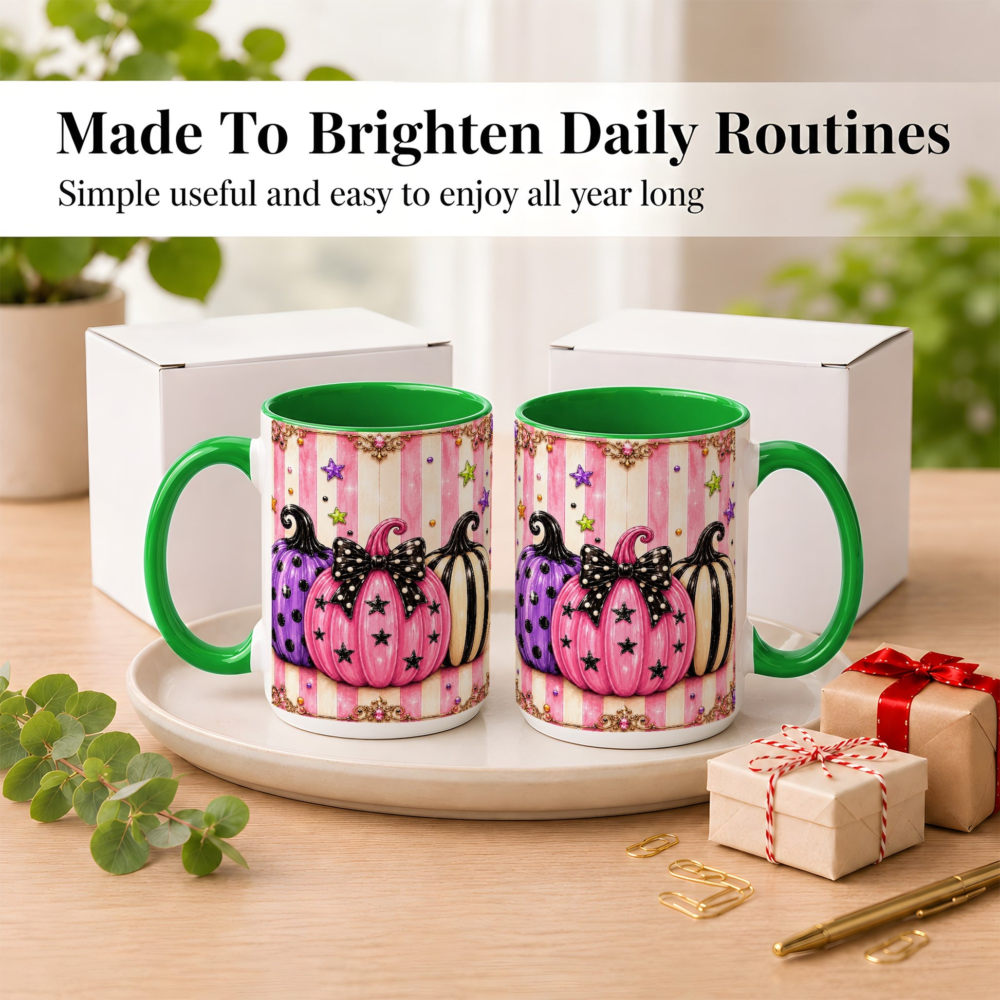#pl[15oz|Green] Pink Pumpkin Coffee Mug, Halloween Pumpkin Mug, Ceramic Cup