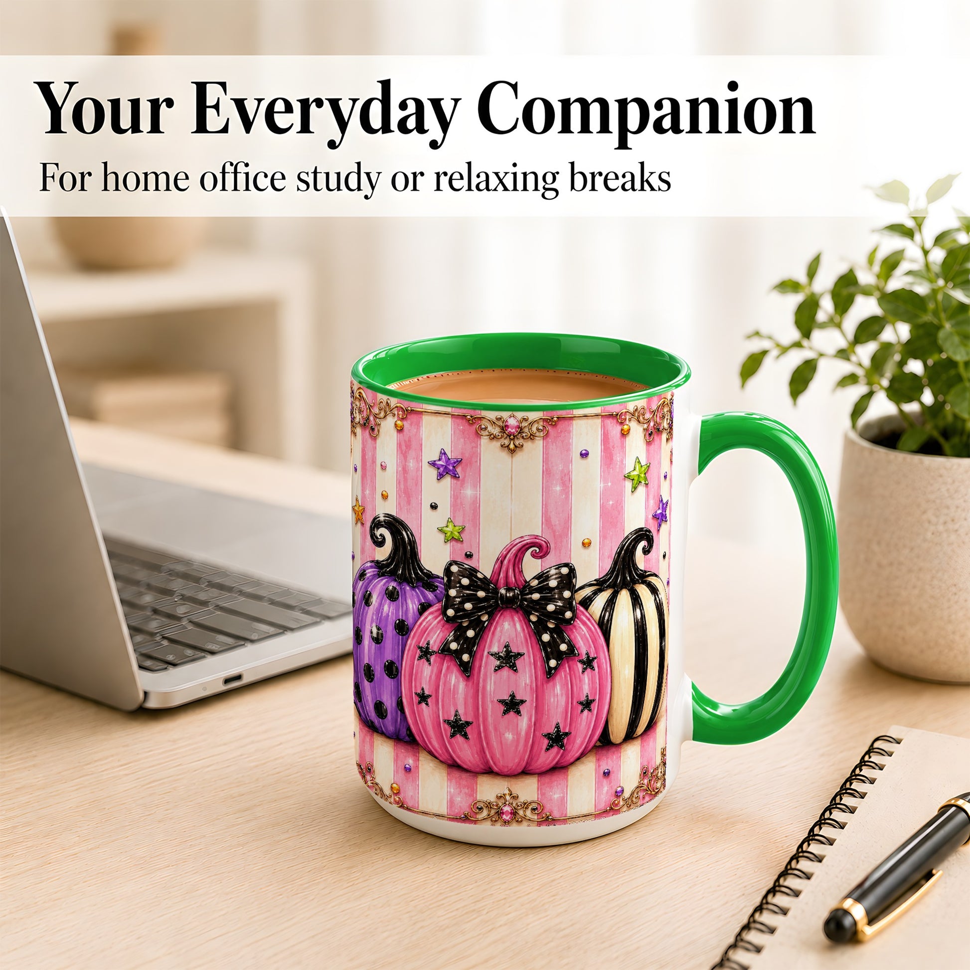 #pl[15oz|Green] Pink Pumpkin Coffee Mug, Halloween Pumpkin Mug, Ceramic Cup