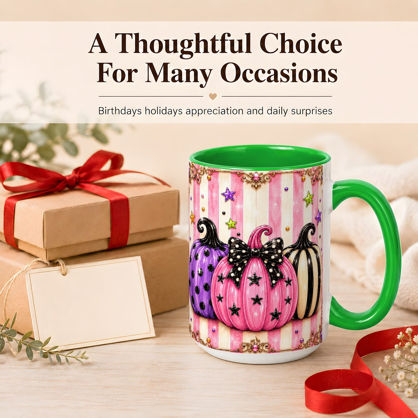 #pl[15oz|Green] Pink Pumpkin Coffee Mug, Halloween Pumpkin Mug, Ceramic Cup