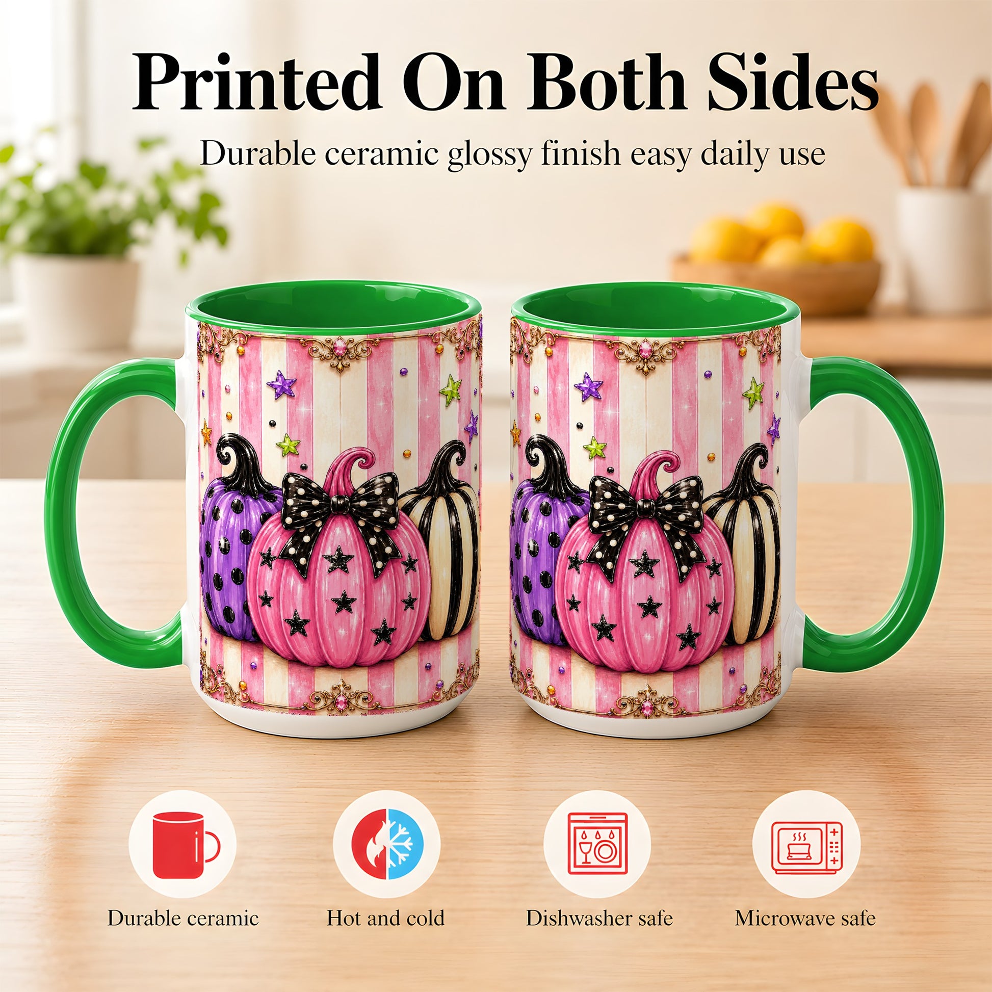#pl[15oz|Green] Pink Pumpkin Coffee Mug, Halloween Pumpkin Mug, Ceramic Cup