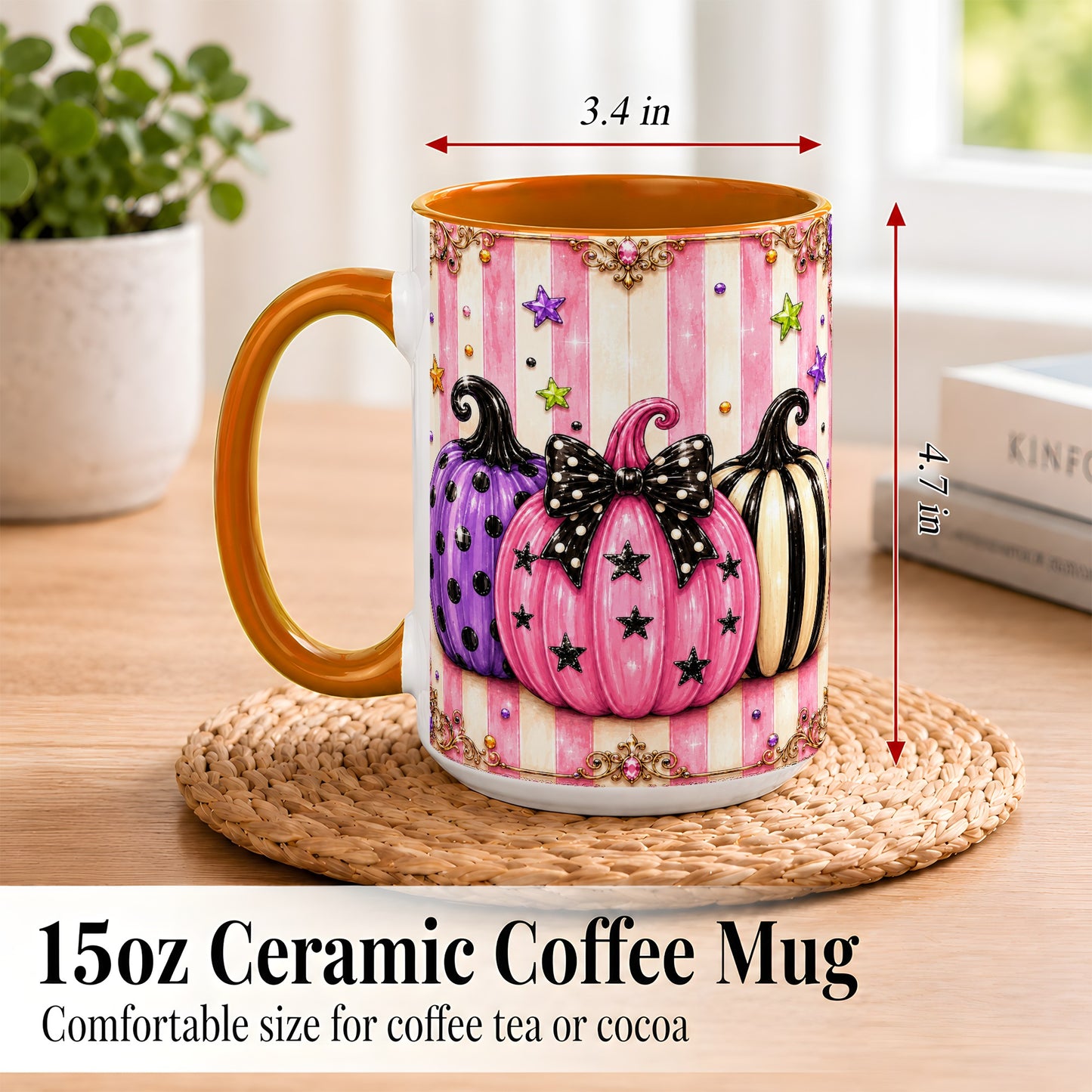 #pl[15oz|Orange] Pink Pumpkin Coffee Mug, Halloween Pumpkin Mug, Ceramic Cup