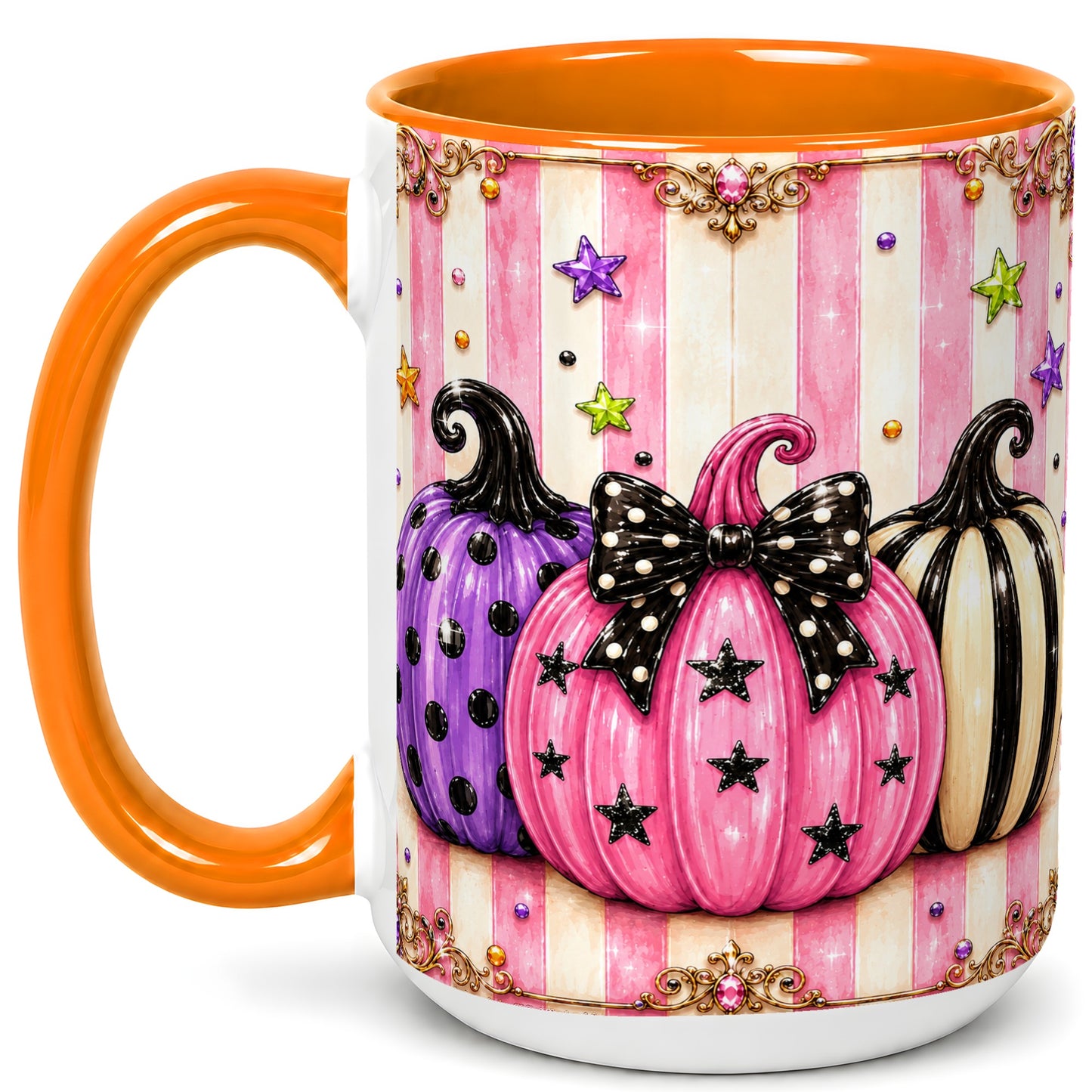 #pl[15oz|Orange] Pink Pumpkin Coffee Mug, Halloween Pumpkin Mug, Ceramic Cup