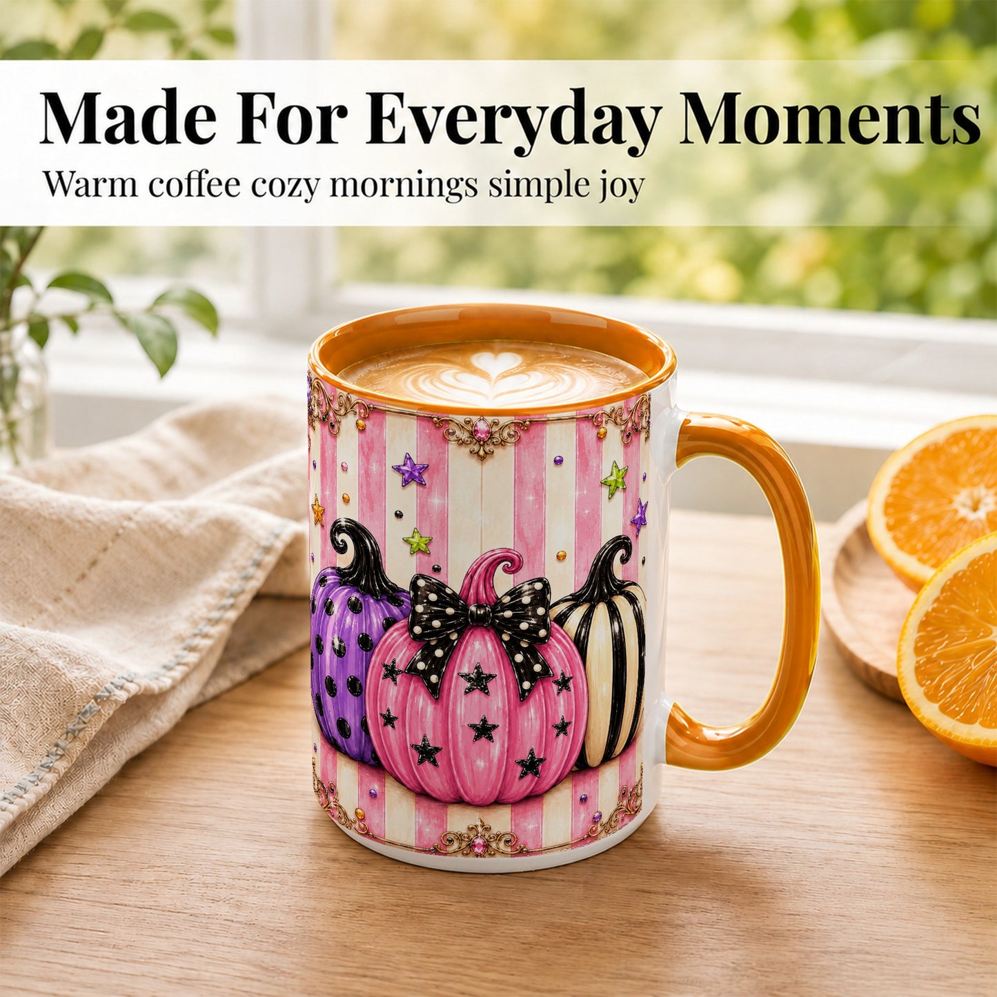 #pl[15oz|Orange] Pink Pumpkin Coffee Mug, Halloween Pumpkin Mug, Ceramic Cup