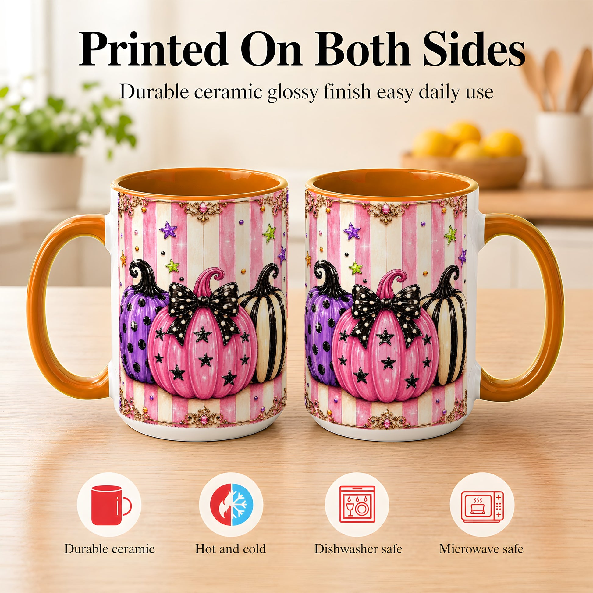 #pl[15oz|Orange] Pink Pumpkin Coffee Mug, Halloween Pumpkin Mug, Ceramic Cup