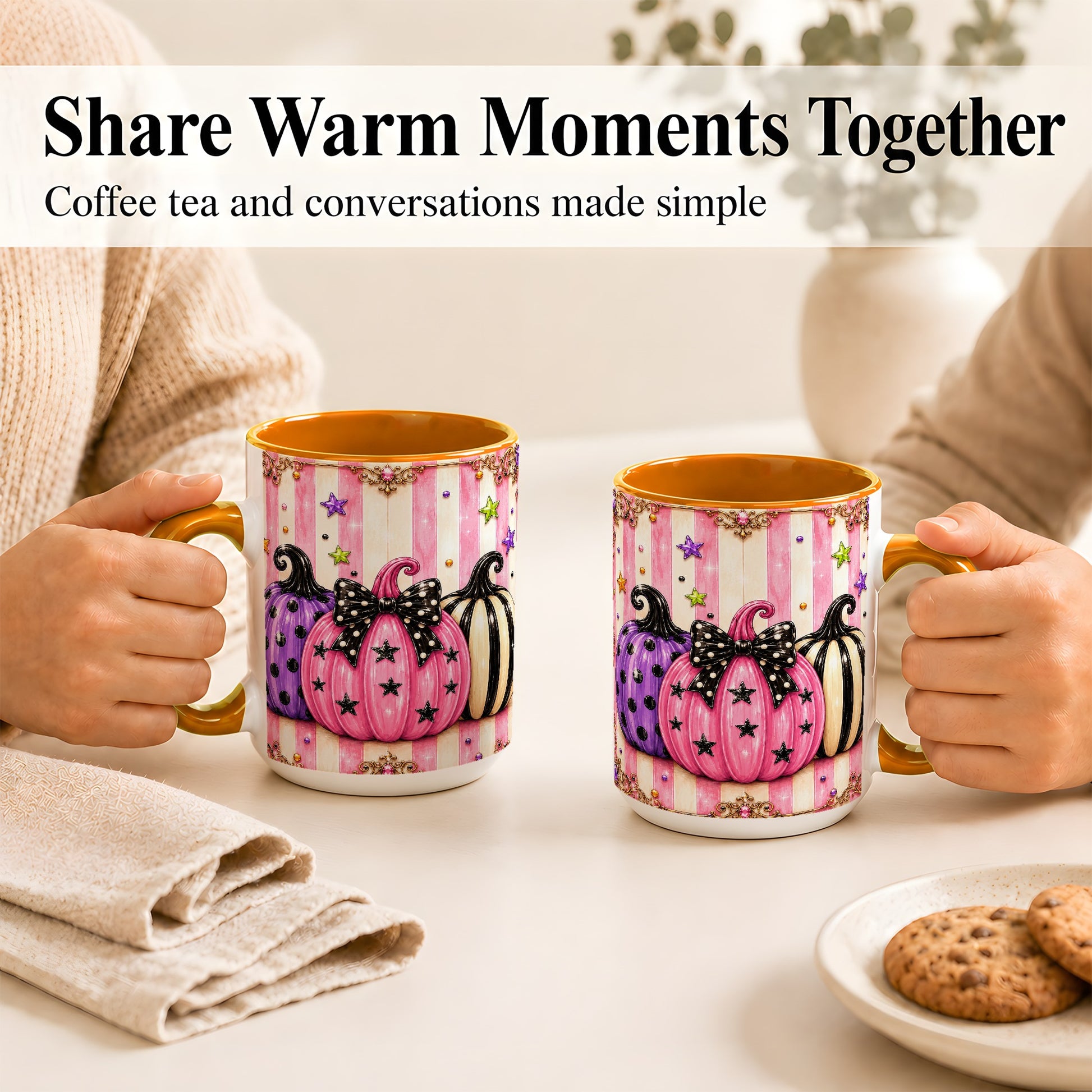 #pl[15oz|Orange] Pink Pumpkin Coffee Mug, Halloween Pumpkin Mug, Ceramic Cup