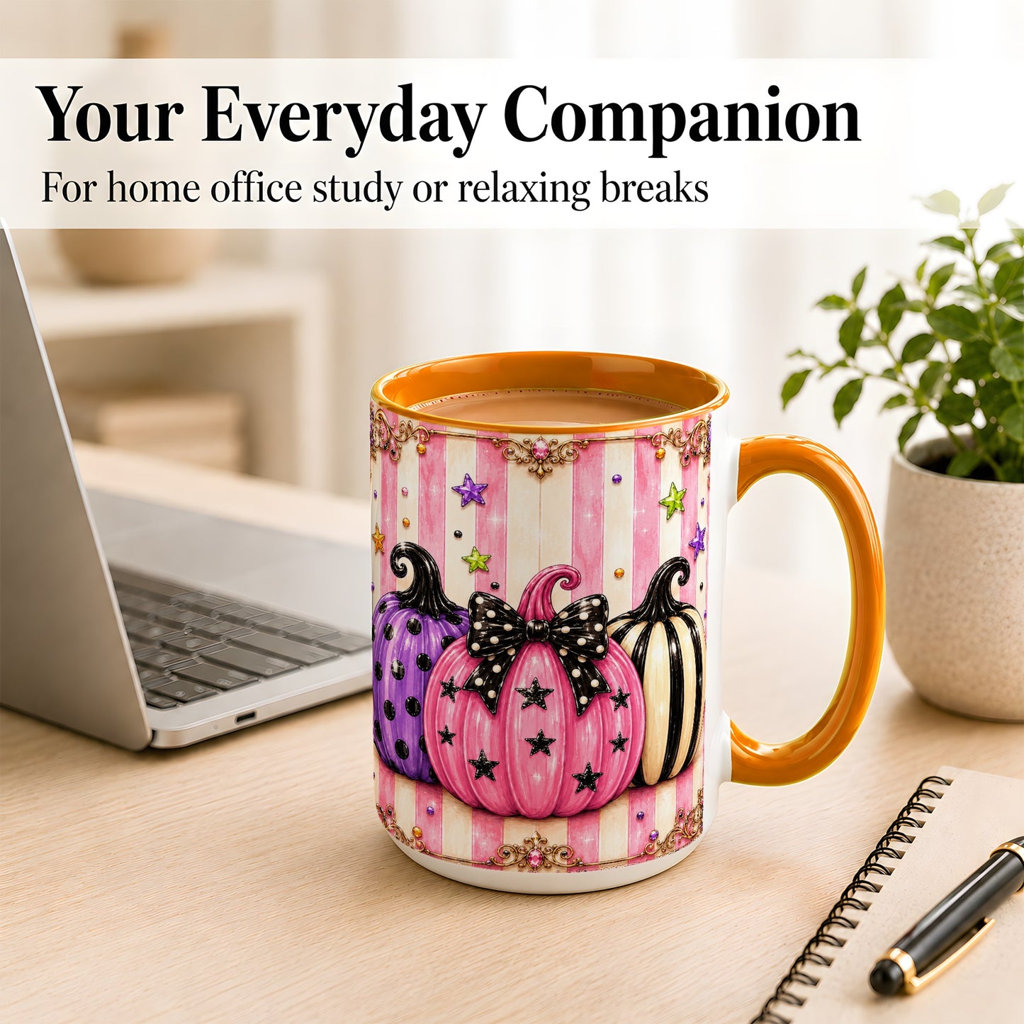#pl[15oz|Orange] Pink Pumpkin Coffee Mug, Halloween Pumpkin Mug, Ceramic Cup
