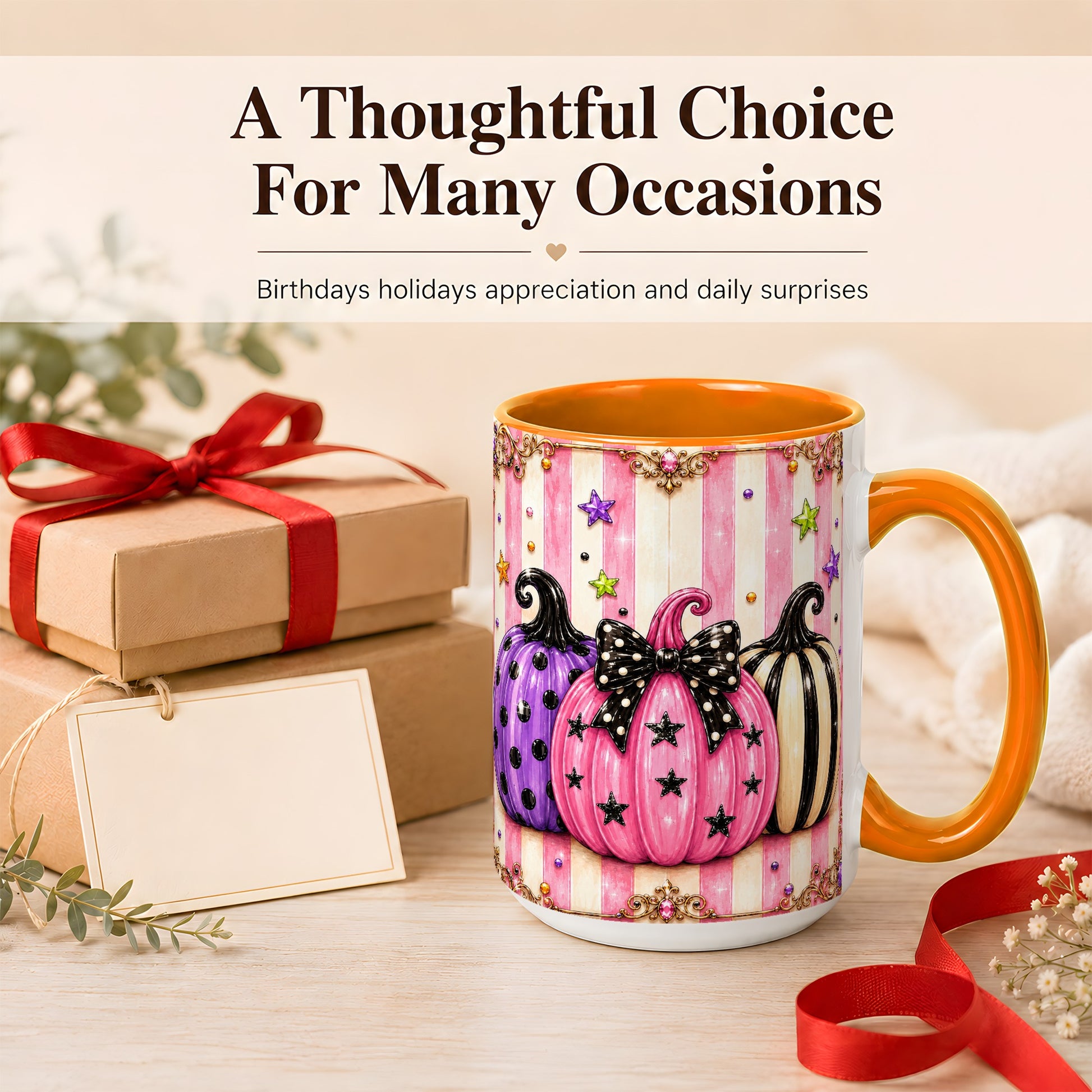#pl[15oz|Orange] Pink Pumpkin Coffee Mug, Halloween Pumpkin Mug, Ceramic Cup