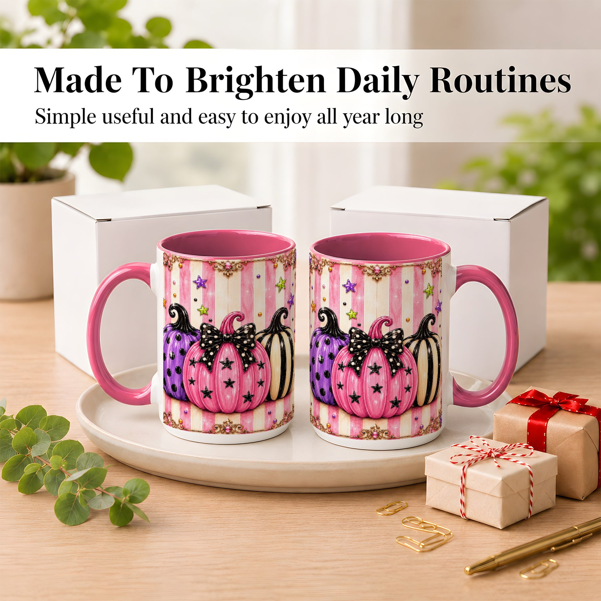 #pl[15oz|Pink] Pink Pumpkin Coffee Mug, Halloween Pumpkin Mug, Ceramic Cup