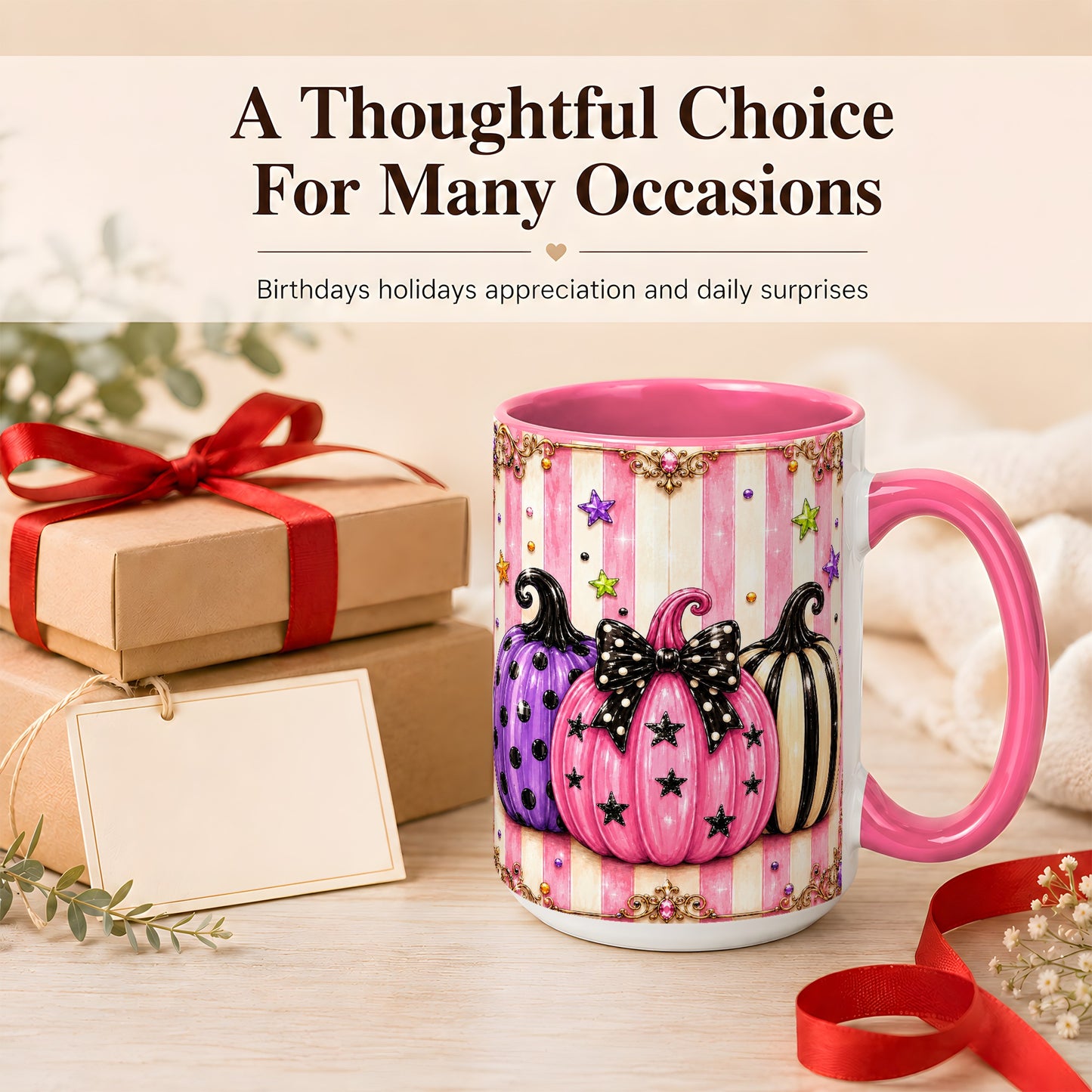 #pl[15oz|Pink] Pink Pumpkin Coffee Mug, Halloween Pumpkin Mug, Ceramic Cup