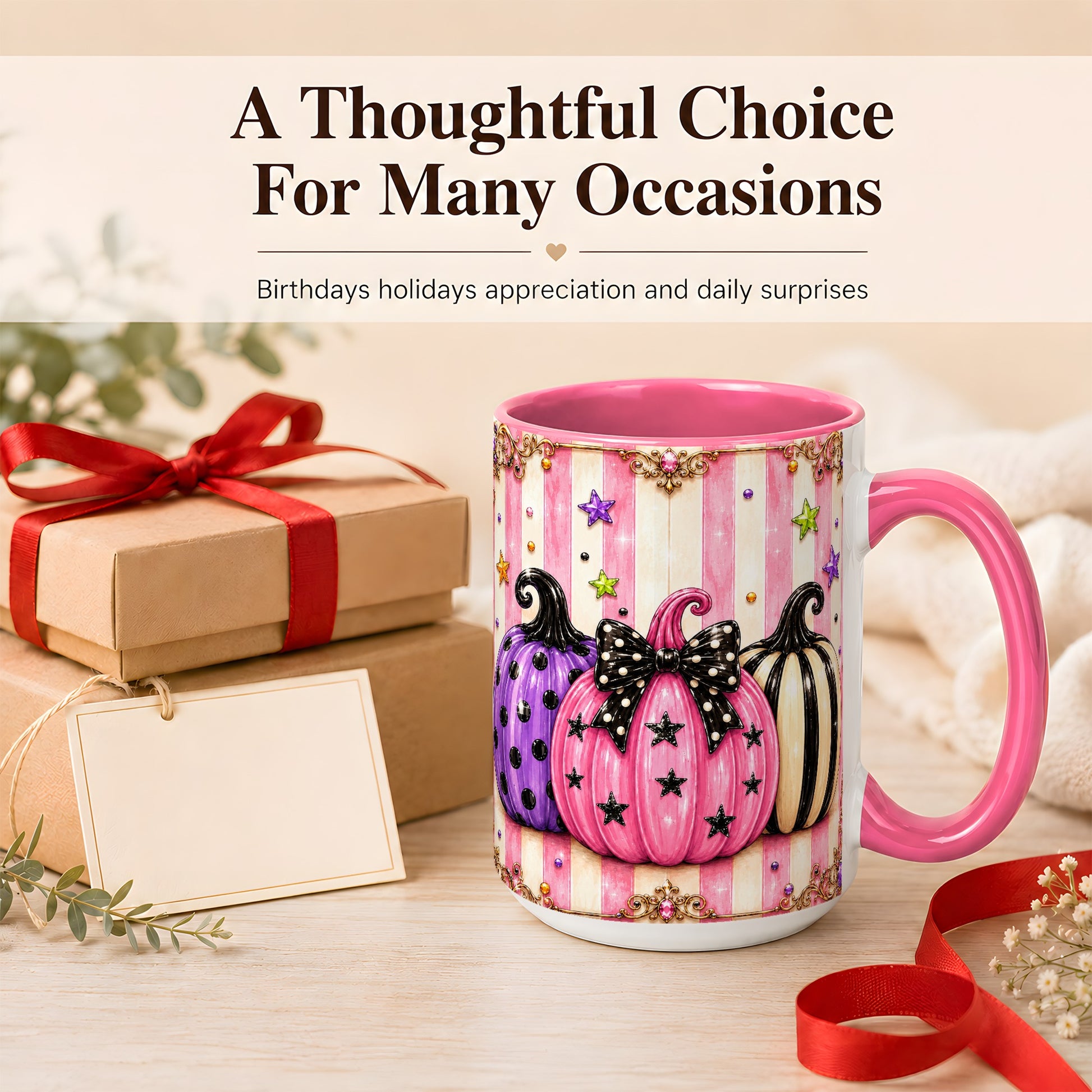 #pl[15oz|Pink] Pink Pumpkin Coffee Mug, Halloween Pumpkin Mug, Ceramic Cup