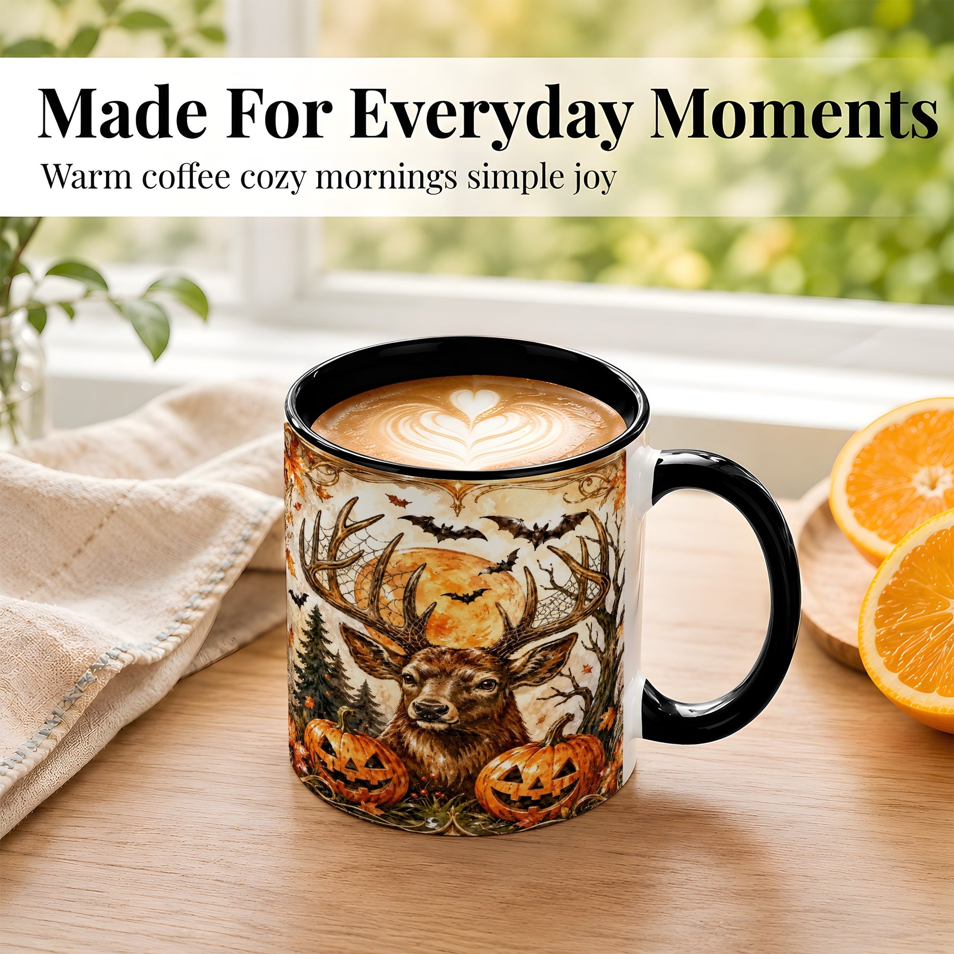 #pl[11oz|Black] Halloween Deer Coffee Mug, Autumn Stag Mug, Ceramic Cup