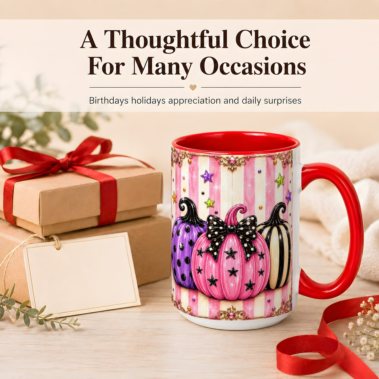 #pl[15oz|Red] Pink Pumpkin Coffee Mug, Halloween Pumpkin Mug, Ceramic Cup