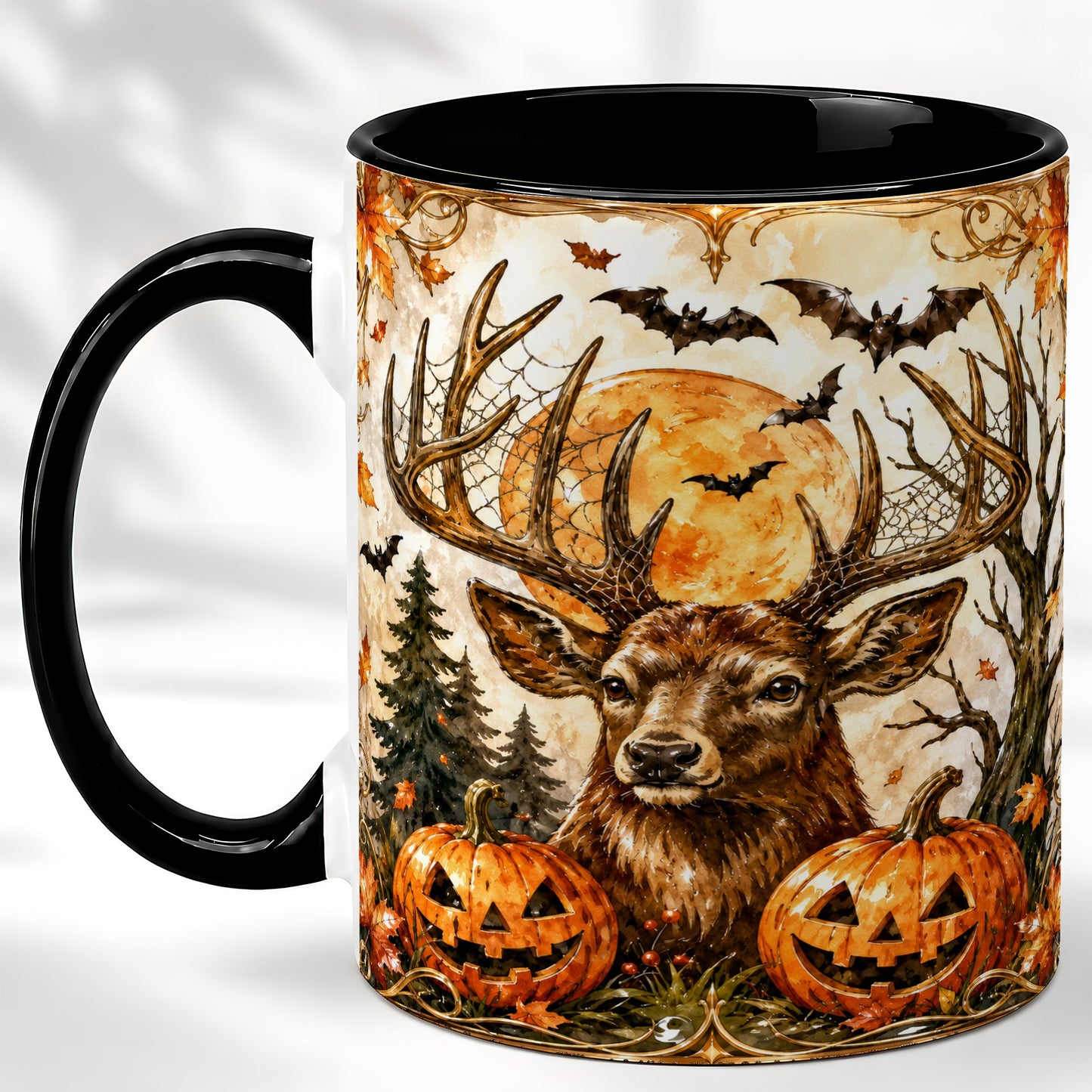 #pl[11oz|Black] Halloween Deer Coffee Mug, Autumn Stag Mug, Ceramic Cup