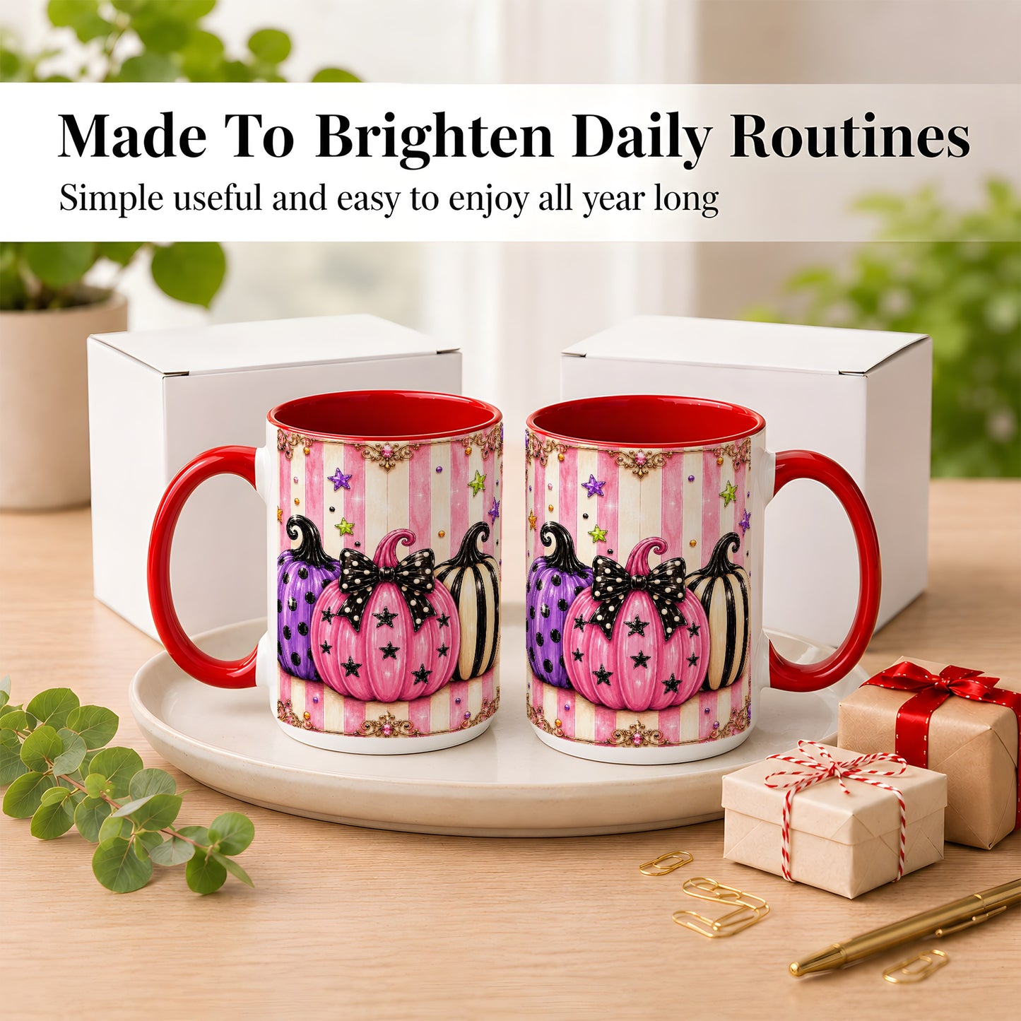 #pl[15oz|Red] Pink Pumpkin Coffee Mug, Halloween Pumpkin Mug, Ceramic Cup