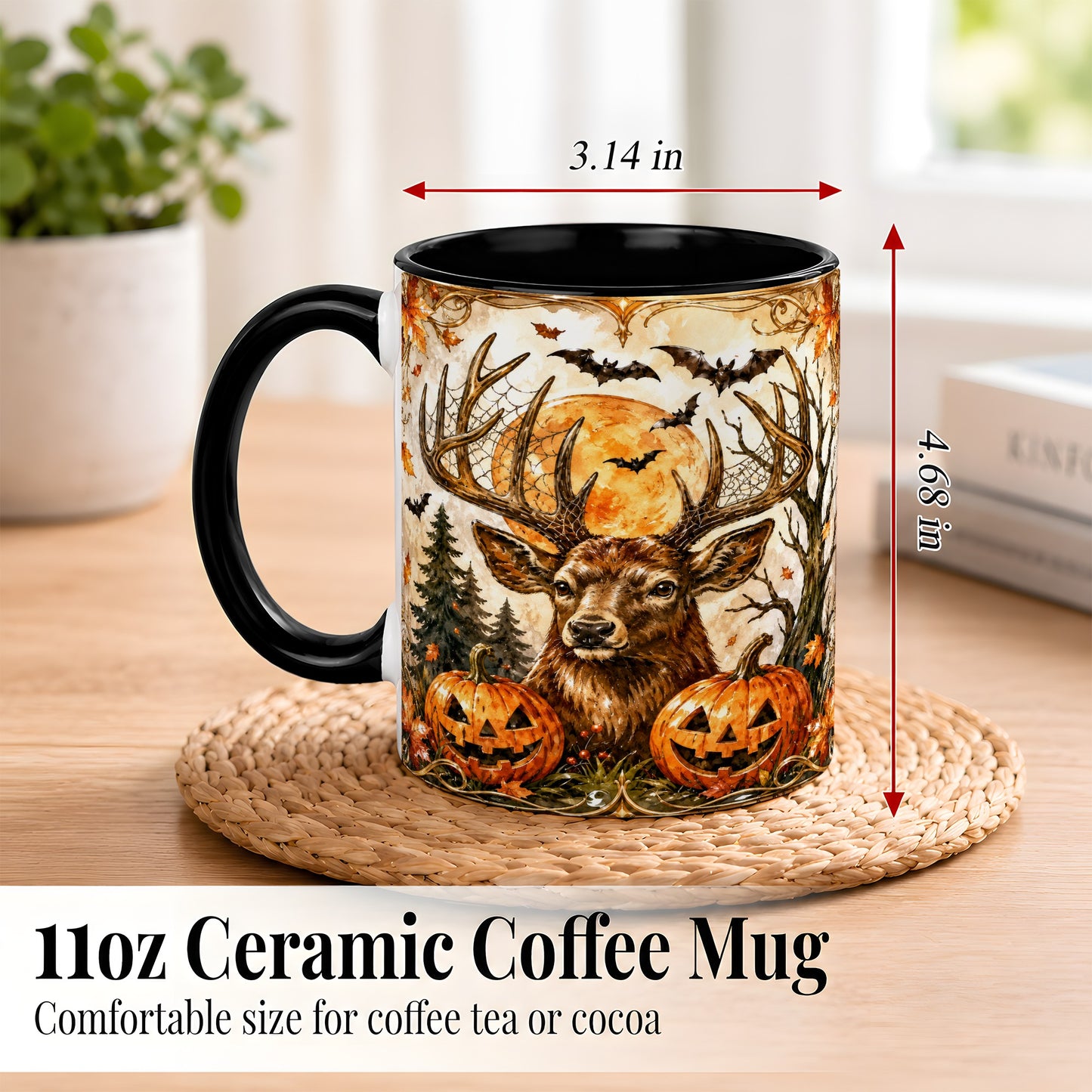#pl[11oz|Black] Halloween Deer Coffee Mug, Autumn Stag Mug, Ceramic Cup