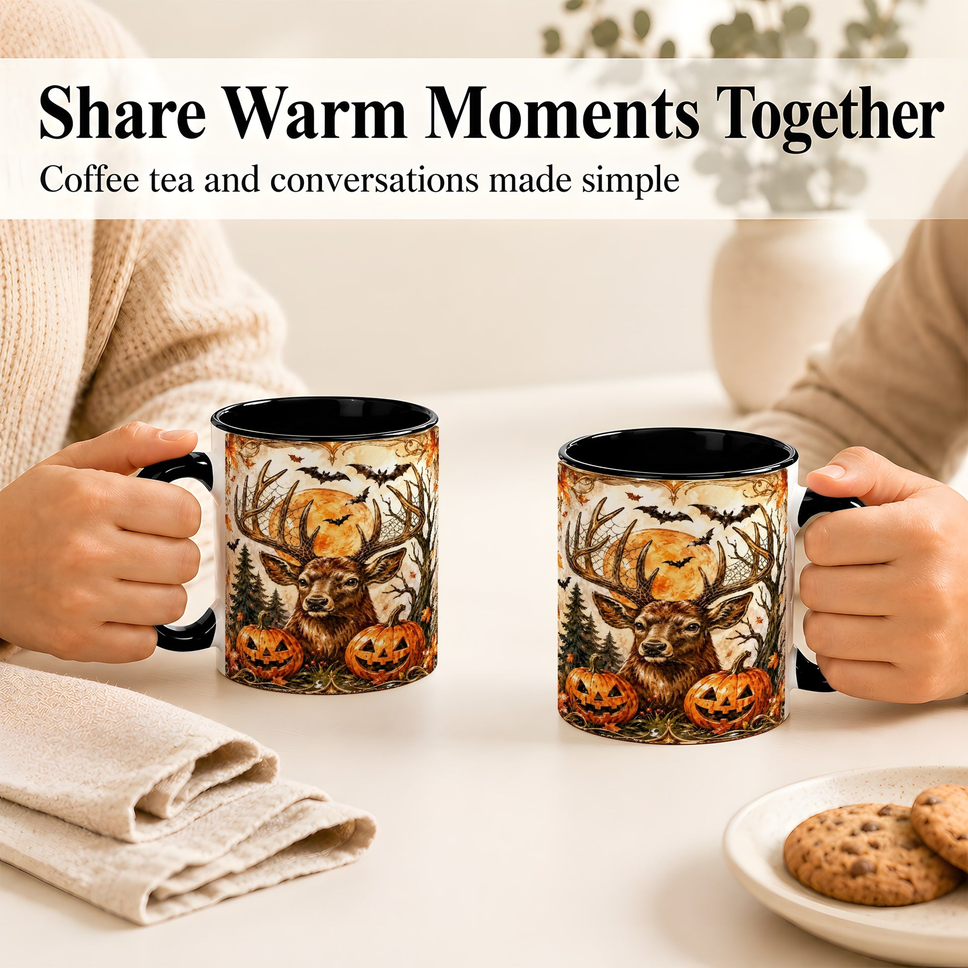 #pl[11oz|Black] Halloween Deer Coffee Mug, Autumn Stag Mug, Ceramic Cup