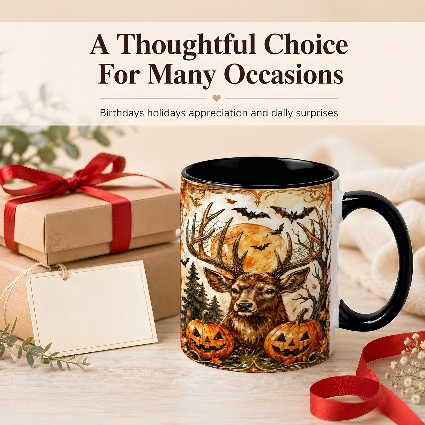 #pl[11oz|Black] Halloween Deer Coffee Mug, Autumn Stag Mug, Ceramic Cup