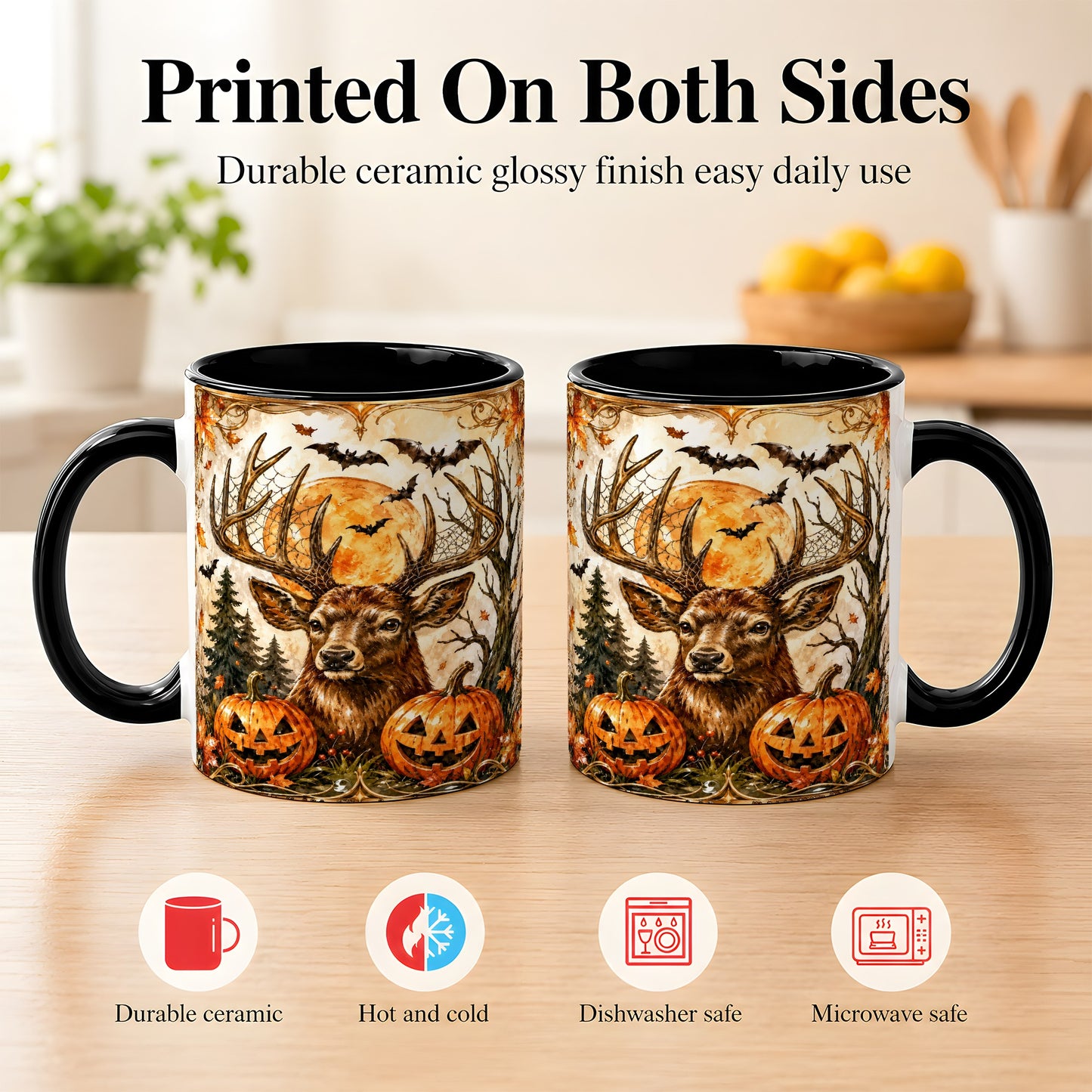 #pl[11oz|Black] Halloween Deer Coffee Mug, Autumn Stag Mug, Ceramic Cup