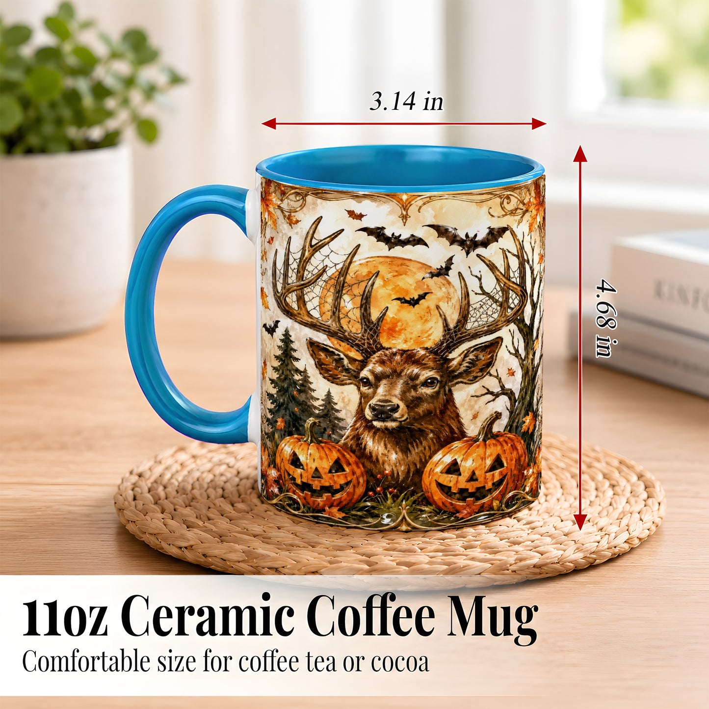 #pl[11oz|Blue] Halloween Deer Coffee Mug, Autumn Stag Mug, Ceramic Cup