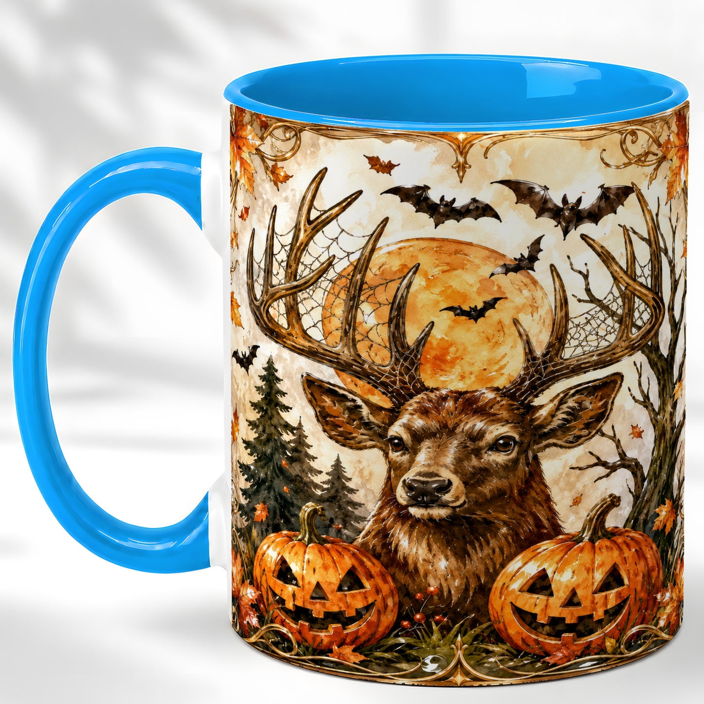 #pl[11oz|Blue] Halloween Deer Coffee Mug, Autumn Stag Mug, Ceramic Cup
