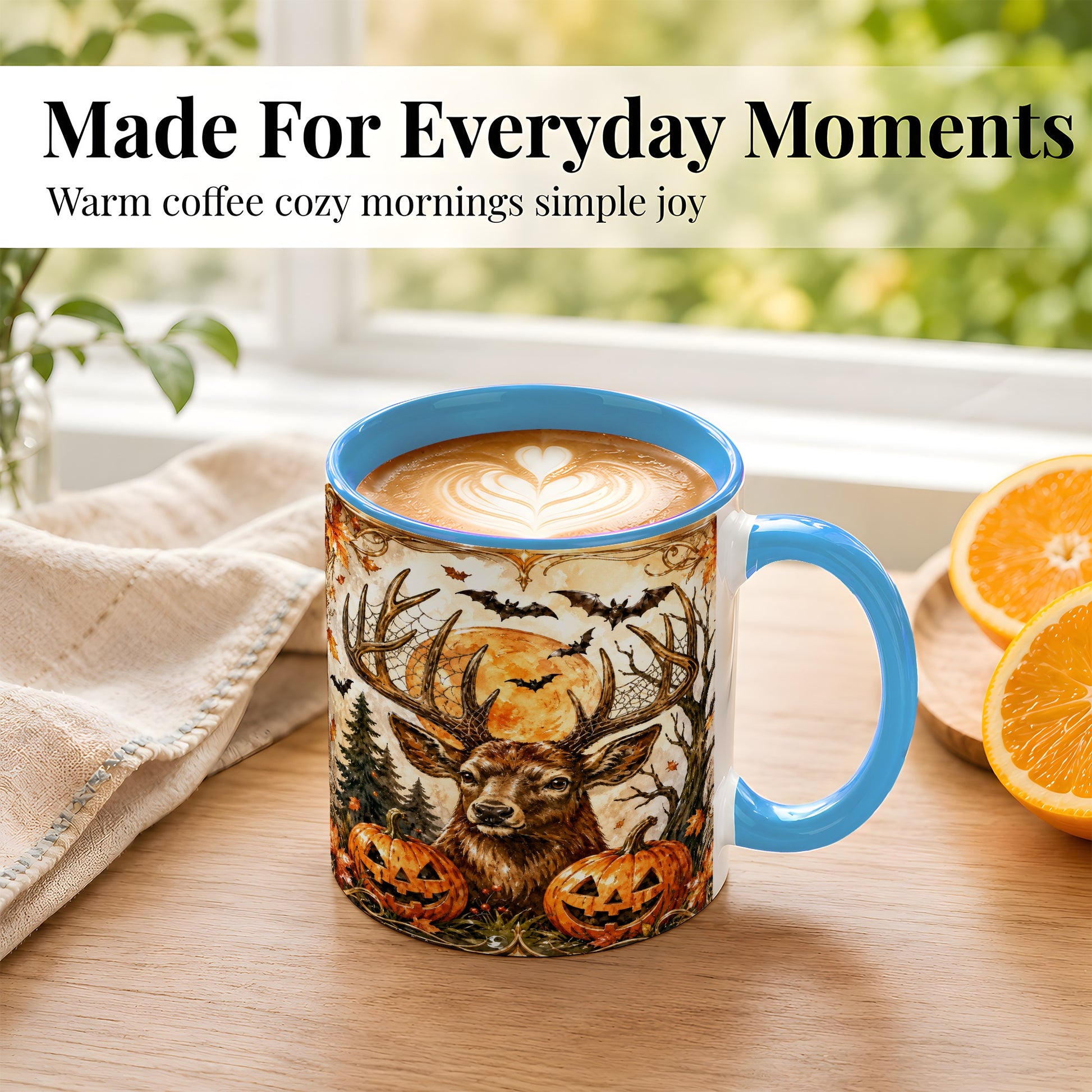 #pl[11oz|Blue] Halloween Deer Coffee Mug, Autumn Stag Mug, Ceramic Cup