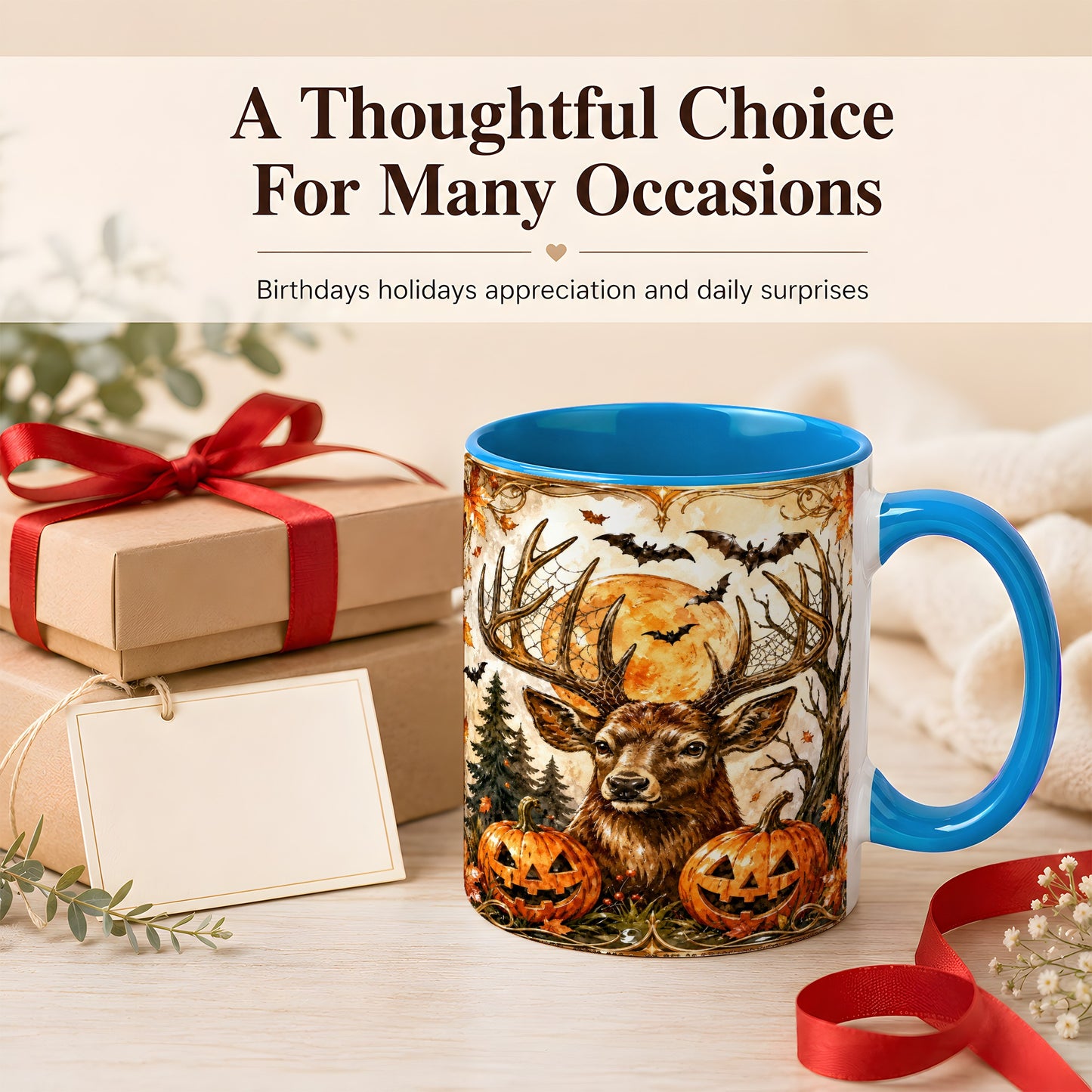 #pl[11oz|Blue] Halloween Deer Coffee Mug, Autumn Stag Mug, Ceramic Cup