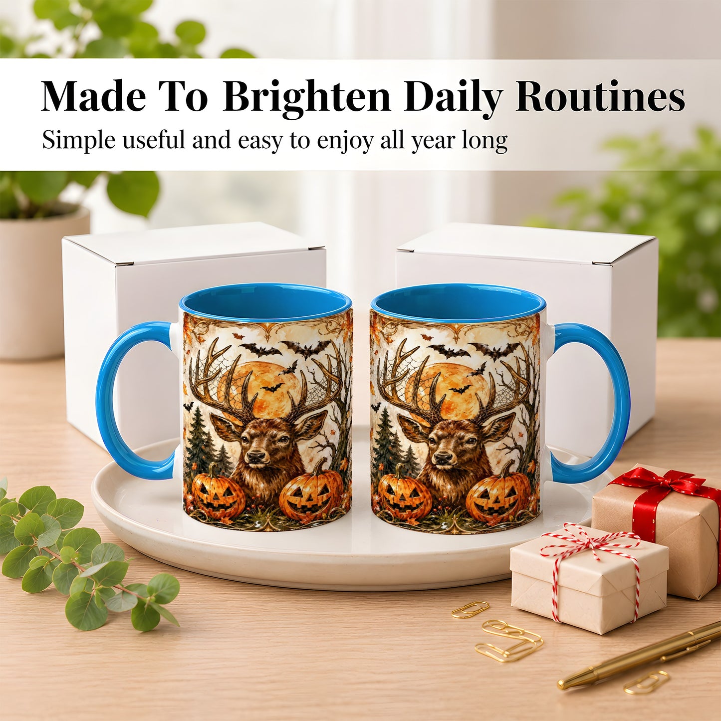 #pl[11oz|Blue] Halloween Deer Coffee Mug, Autumn Stag Mug, Ceramic Cup