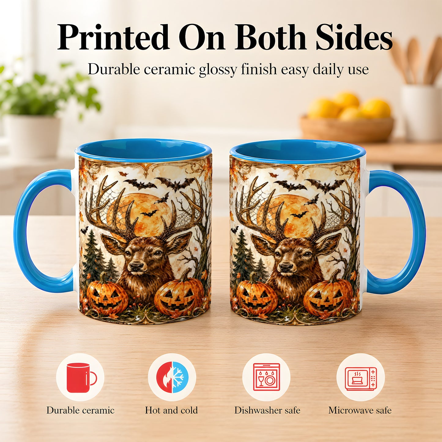 #pl[11oz|Blue] Halloween Deer Coffee Mug, Autumn Stag Mug, Ceramic Cup