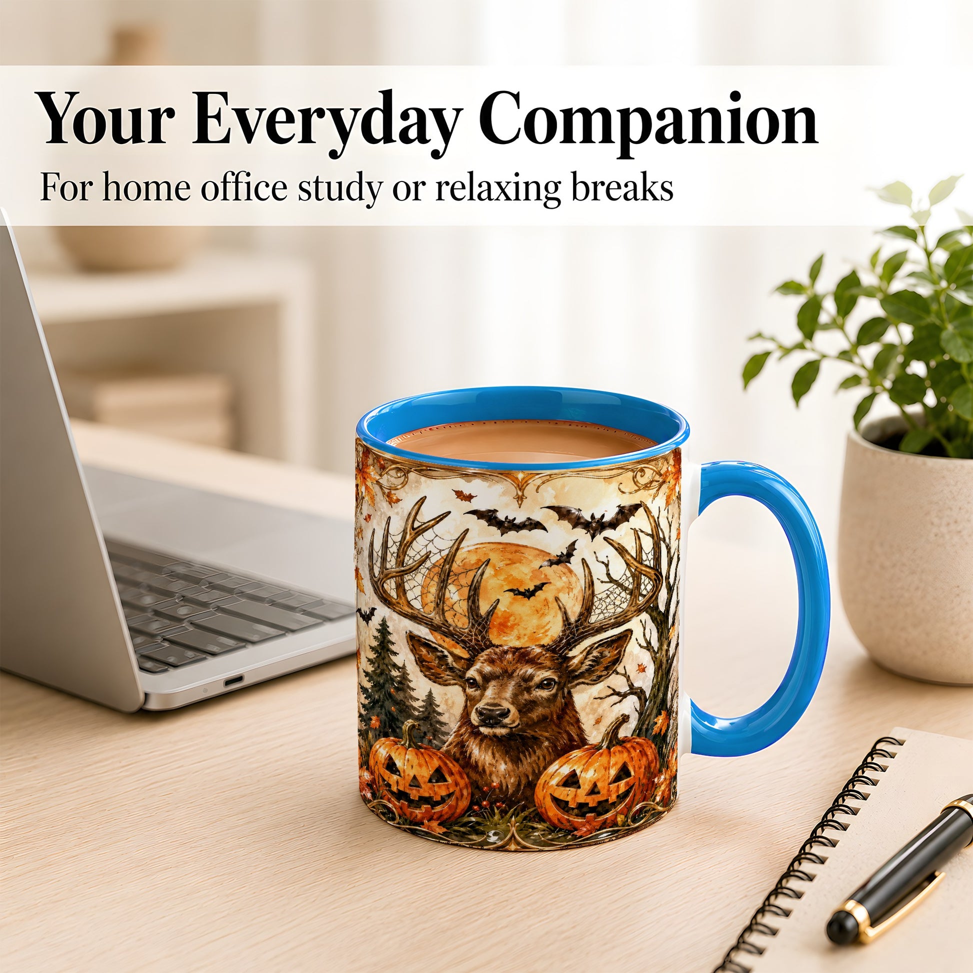 #pl[11oz|Blue] Halloween Deer Coffee Mug, Autumn Stag Mug, Ceramic Cup