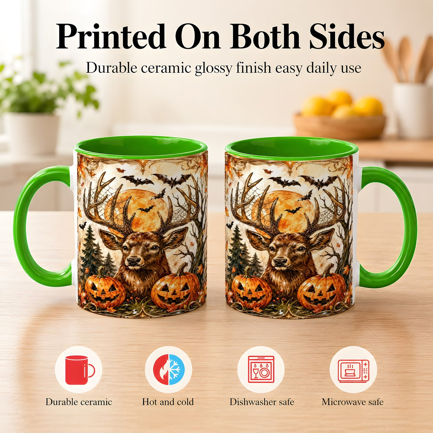#pl[11oz|Green] Halloween Deer Coffee Mug, Autumn Stag Mug, Ceramic Cup