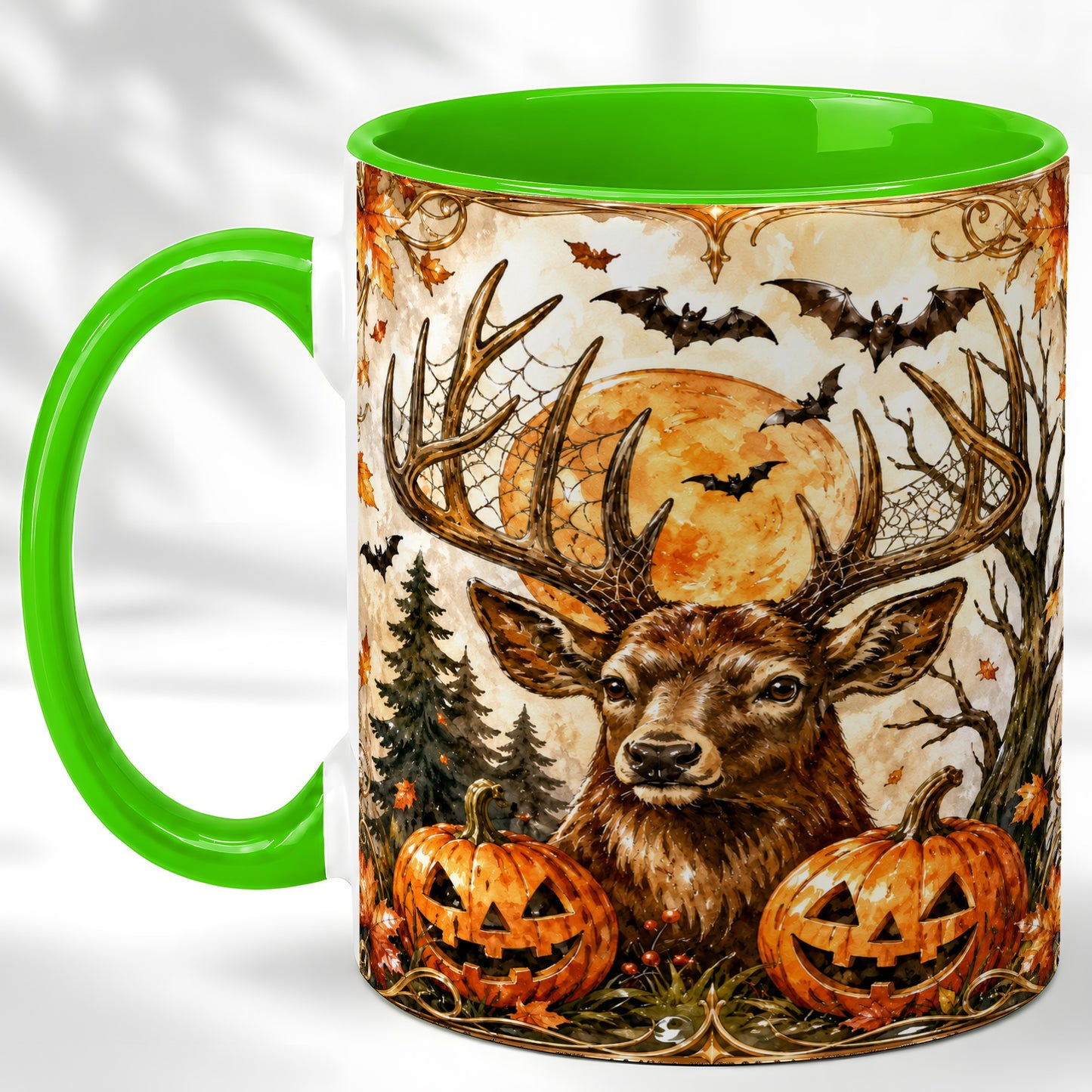 #pl[11oz|Green] Halloween Deer Coffee Mug, Autumn Stag Mug, Ceramic Cup