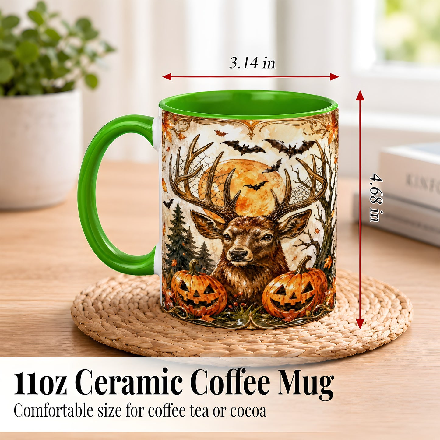 #pl[11oz|Green] Halloween Deer Coffee Mug, Autumn Stag Mug, Ceramic Cup