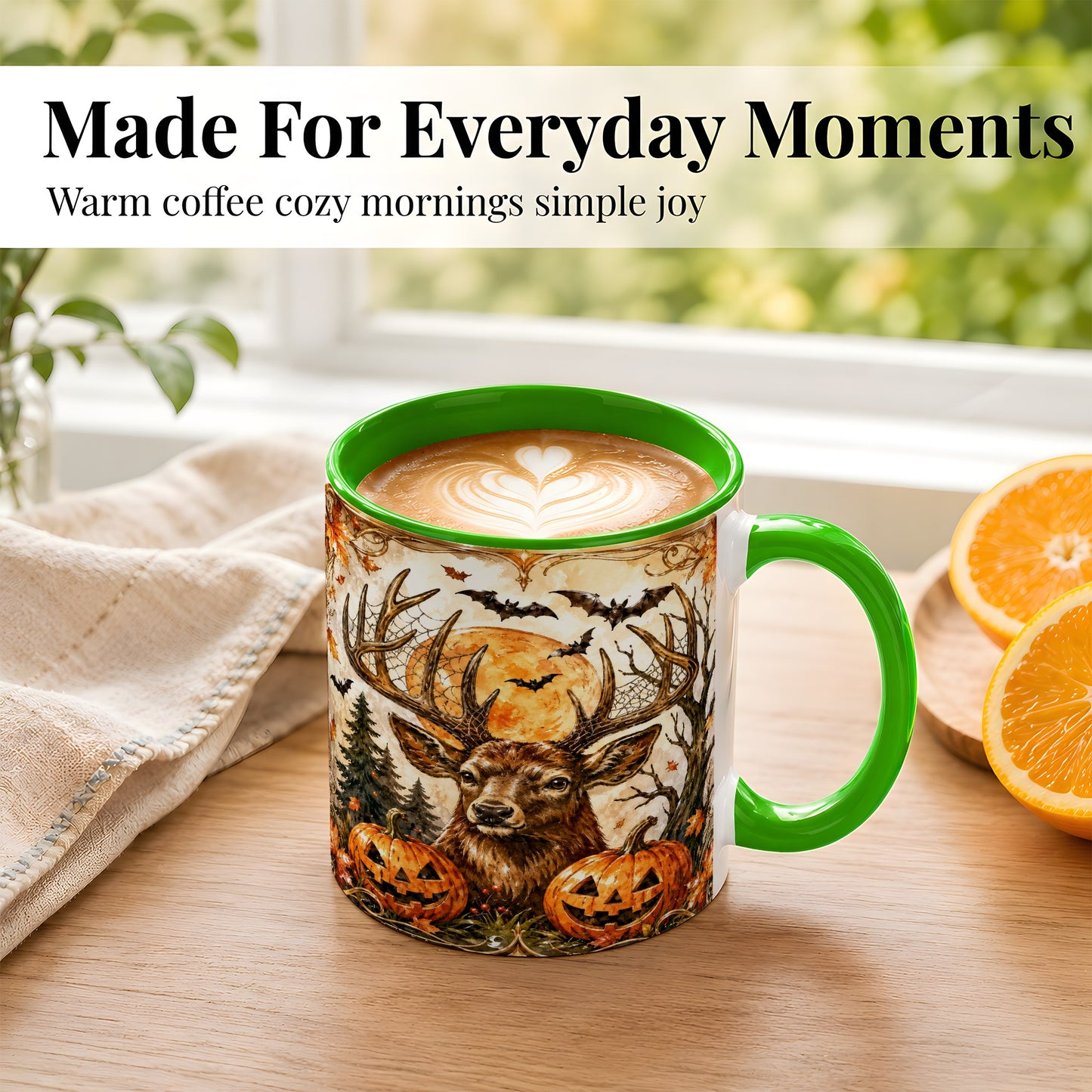 #pl[11oz|Green] Halloween Deer Coffee Mug, Autumn Stag Mug, Ceramic Cup