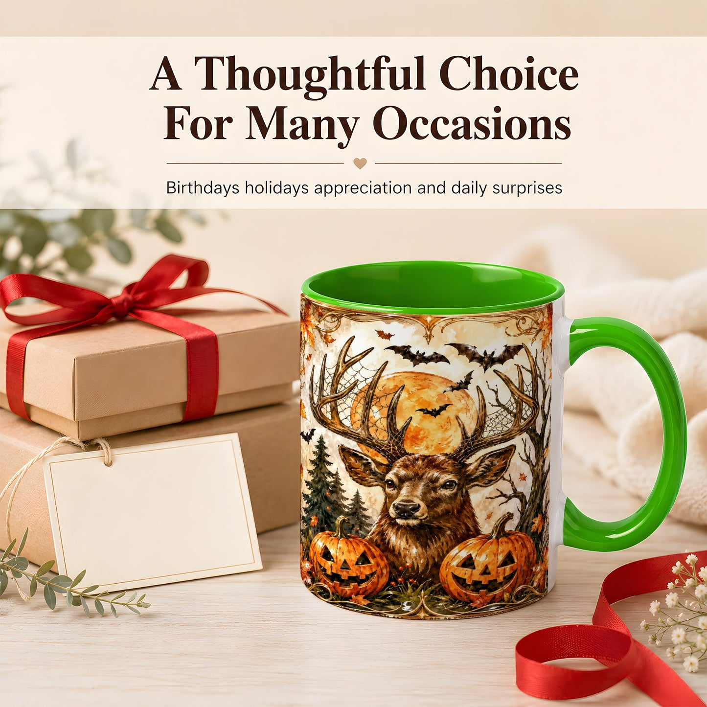 #pl[11oz|Green] Halloween Deer Coffee Mug, Autumn Stag Mug, Ceramic Cup