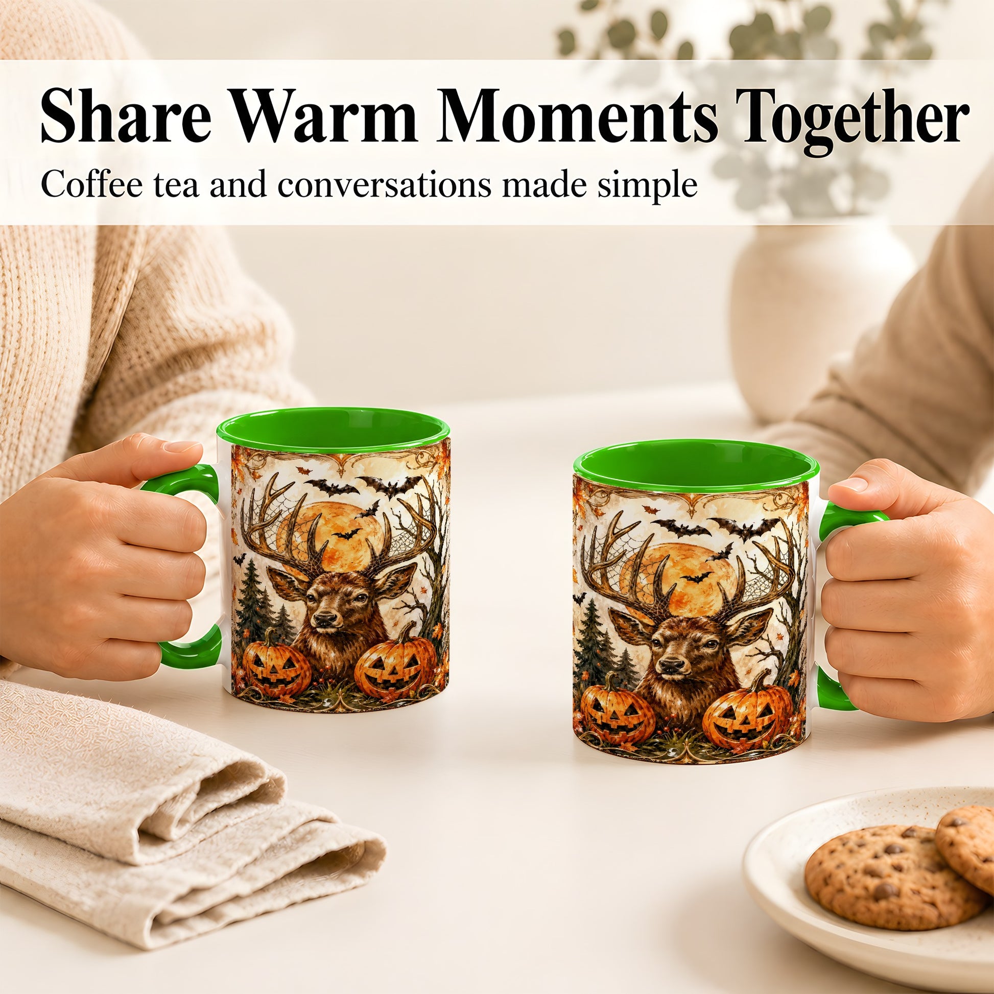 #pl[11oz|Green] Halloween Deer Coffee Mug, Autumn Stag Mug, Ceramic Cup