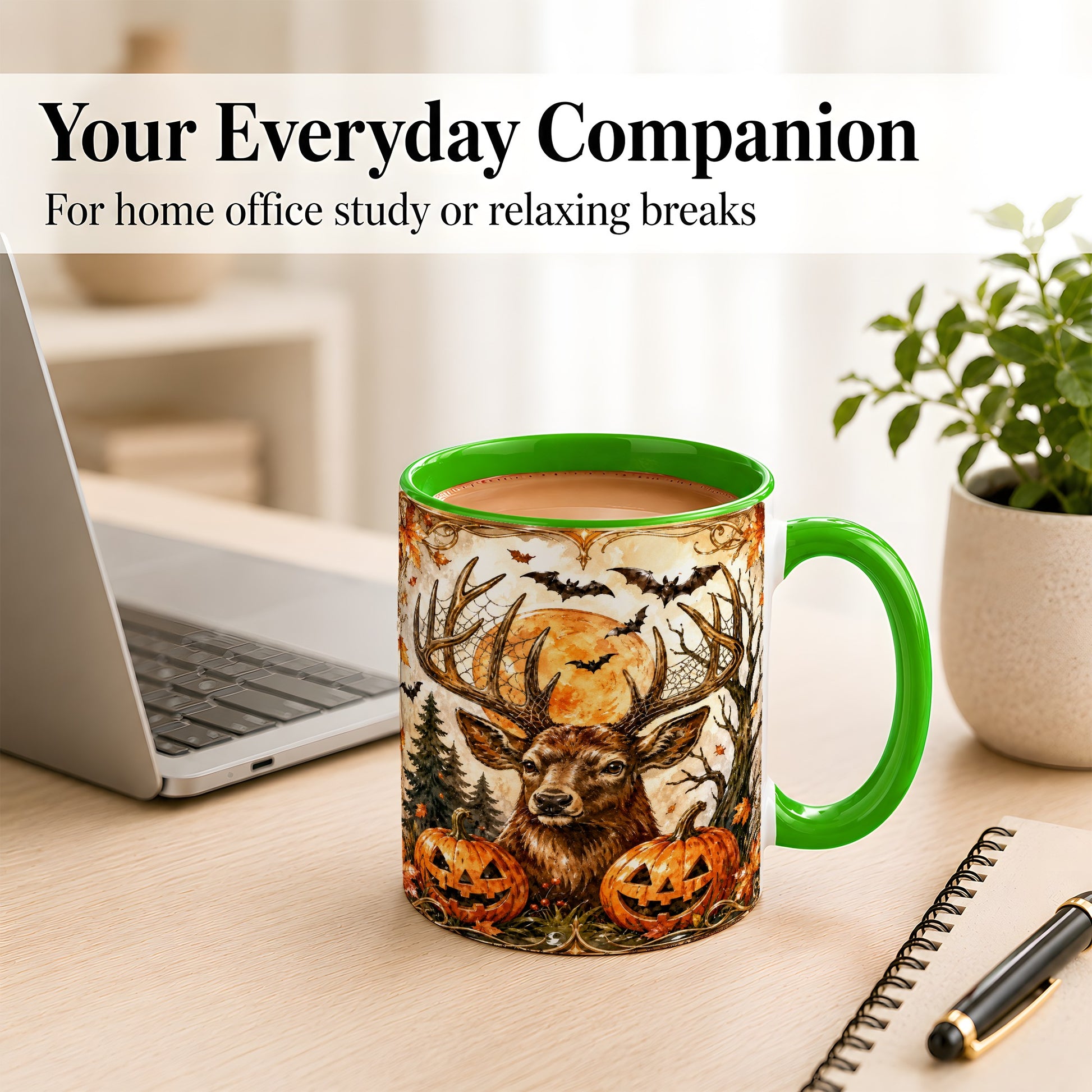#pl[11oz|Green] Halloween Deer Coffee Mug, Autumn Stag Mug, Ceramic Cup