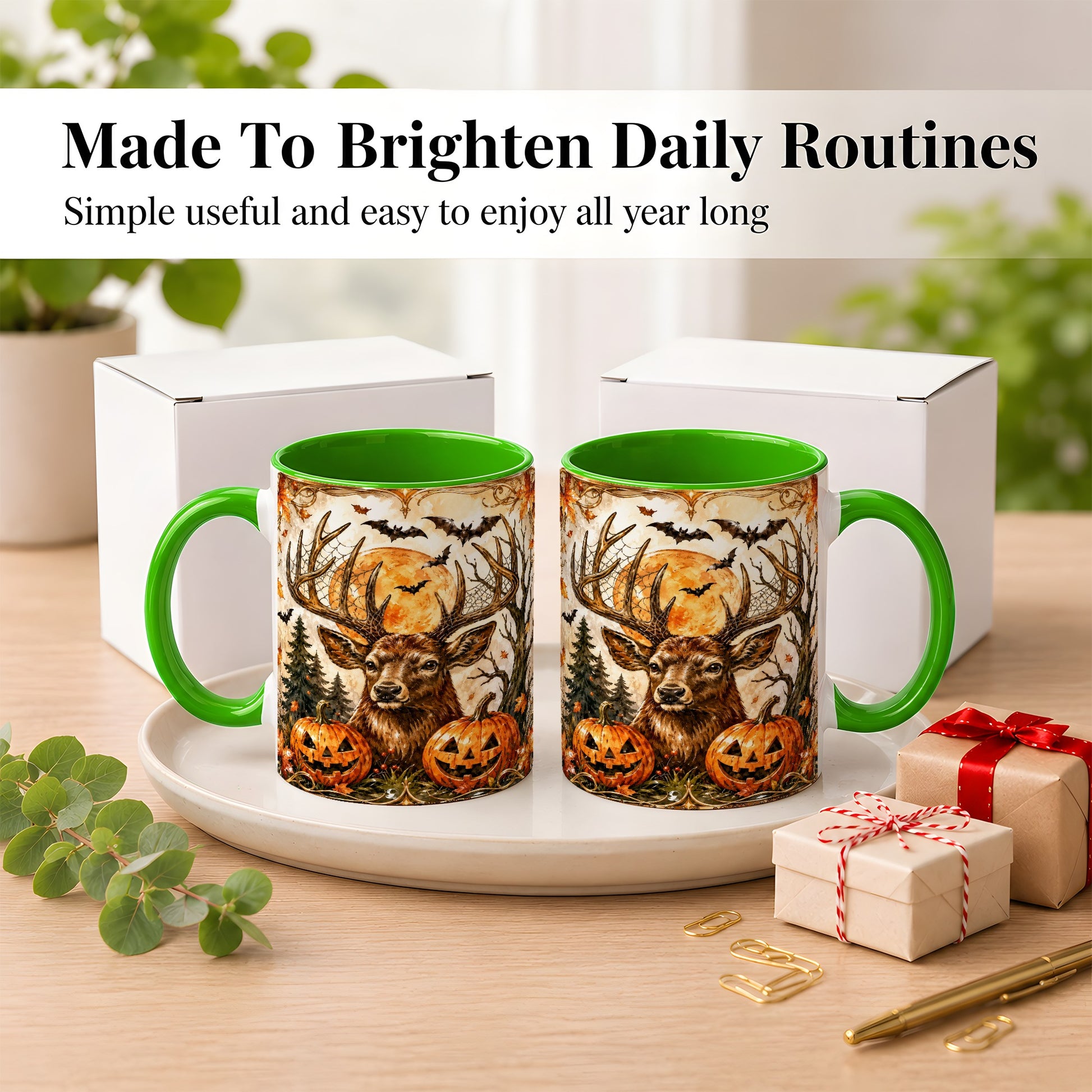 #pl[11oz|Green] Halloween Deer Coffee Mug, Autumn Stag Mug, Ceramic Cup