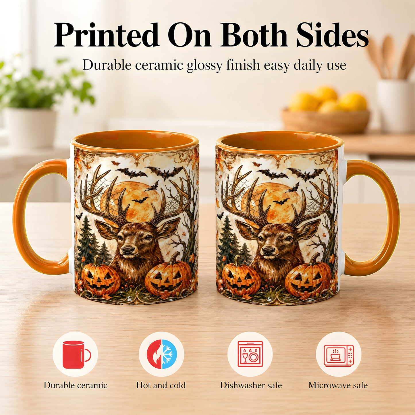 #pl[11oz|Orange] Halloween Deer Coffee Mug, Autumn Stag Mug, Ceramic Cup