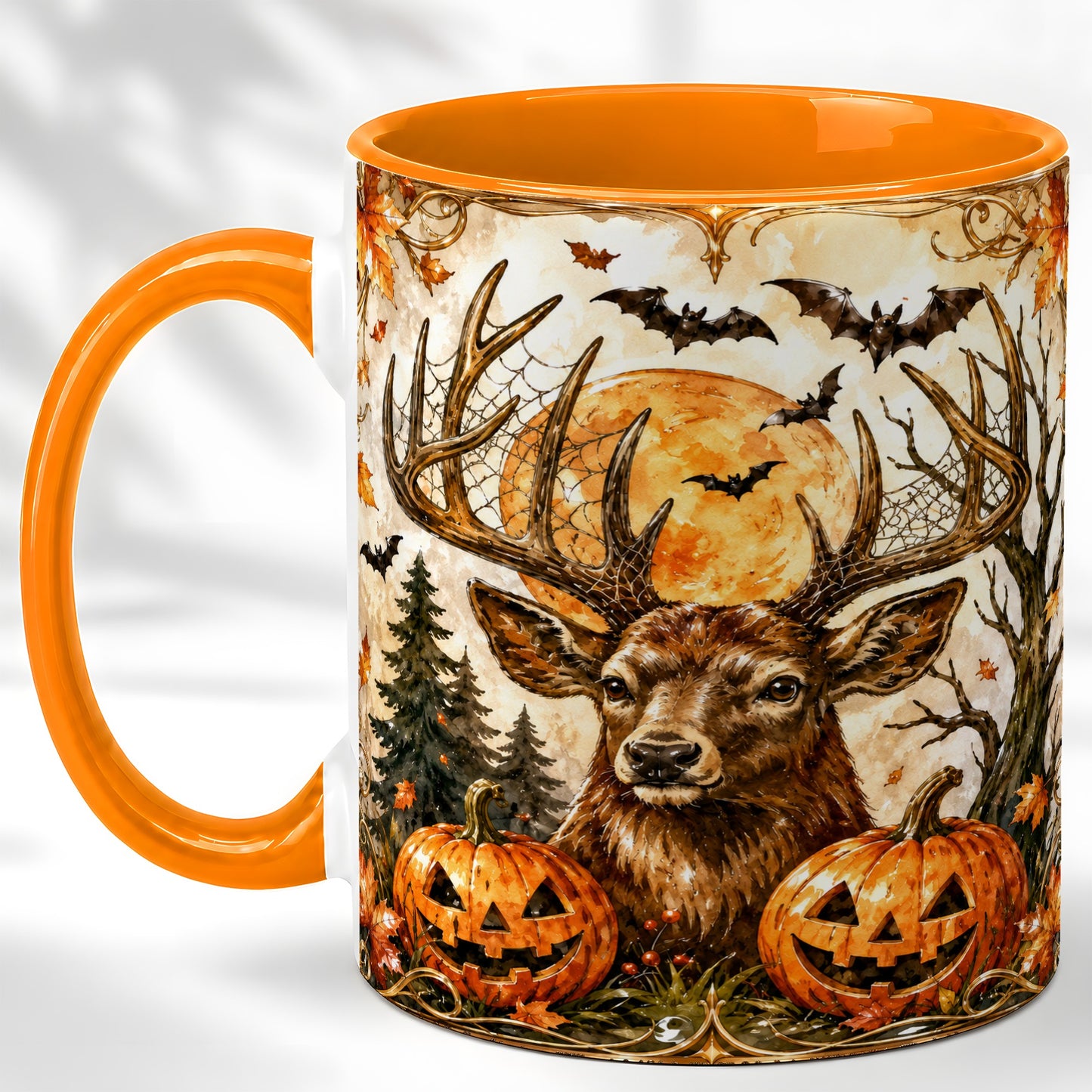 #pl[11oz|Orange] Halloween Deer Coffee Mug, Autumn Stag Mug, Ceramic Cup