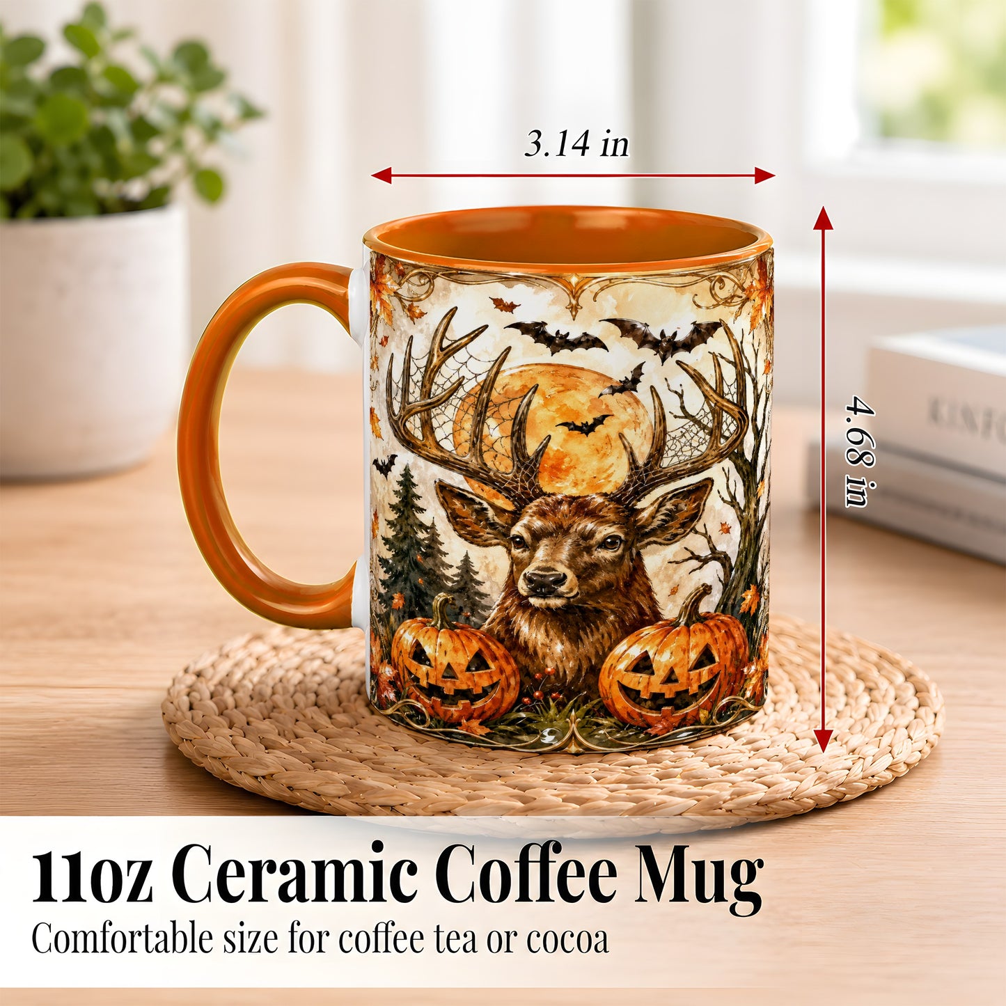 #pl[11oz|Orange] Halloween Deer Coffee Mug, Autumn Stag Mug, Ceramic Cup