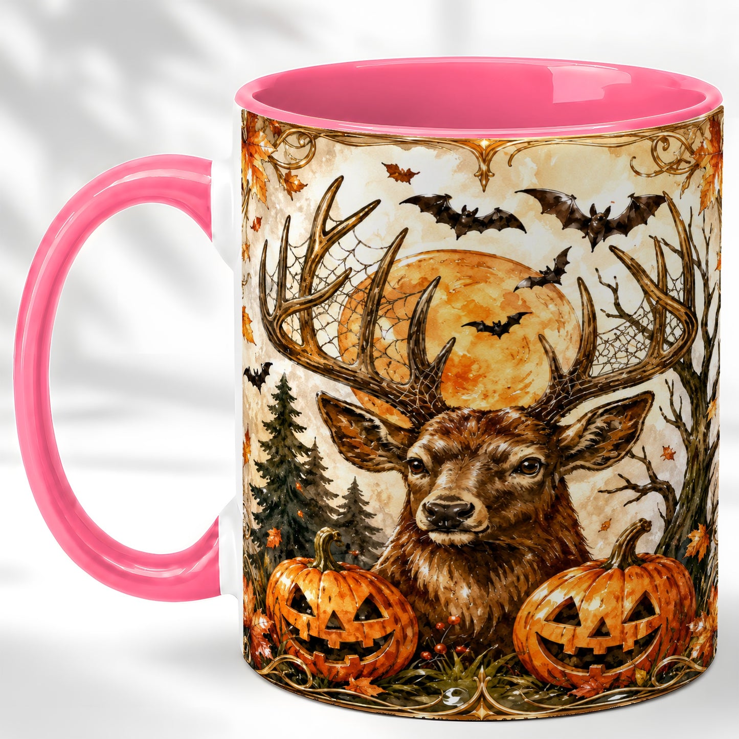 #pl[11oz|Pink] Halloween Deer Coffee Mug, Autumn Stag Mug, Ceramic Cup