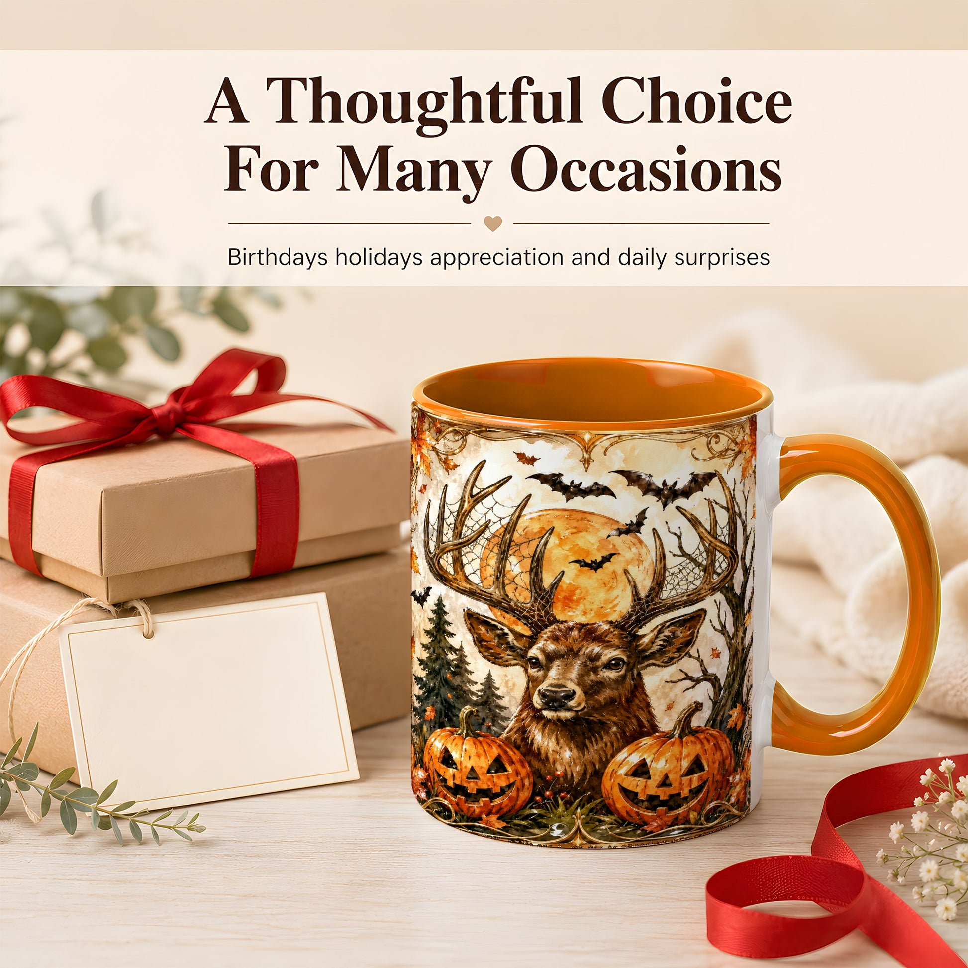 #pl[11oz|Orange] Halloween Deer Coffee Mug, Autumn Stag Mug, Ceramic Cup