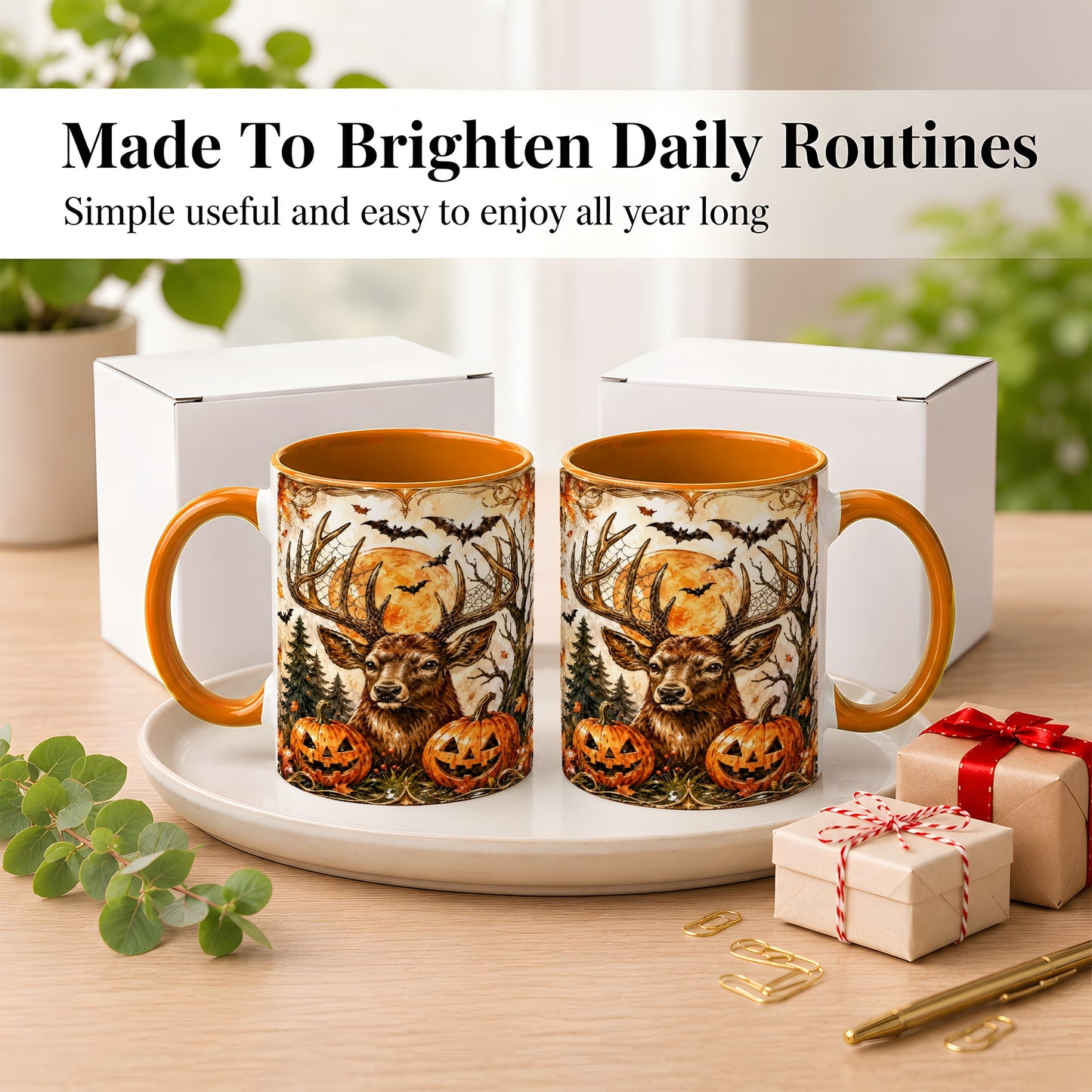#pl[11oz|Orange] Halloween Deer Coffee Mug, Autumn Stag Mug, Ceramic Cup