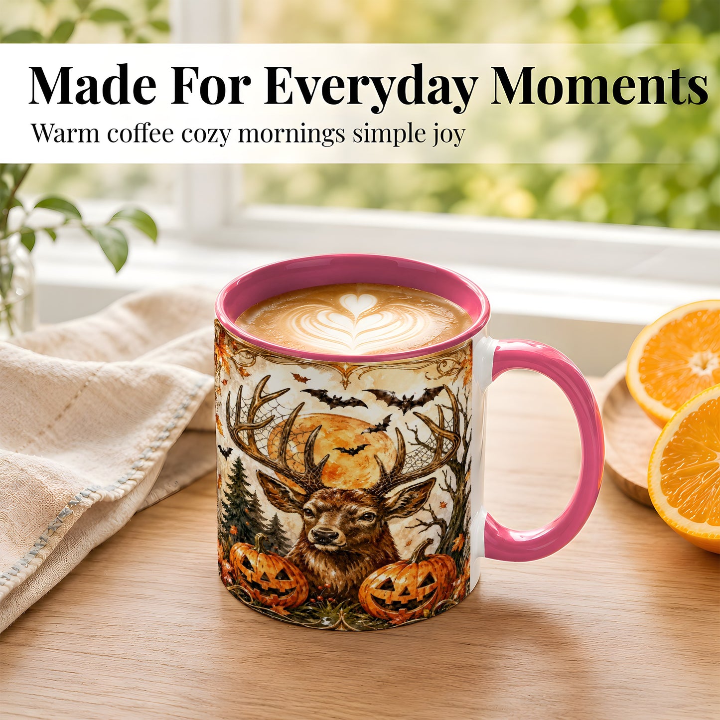 #pl[11oz|Pink] Halloween Deer Coffee Mug, Autumn Stag Mug, Ceramic Cup